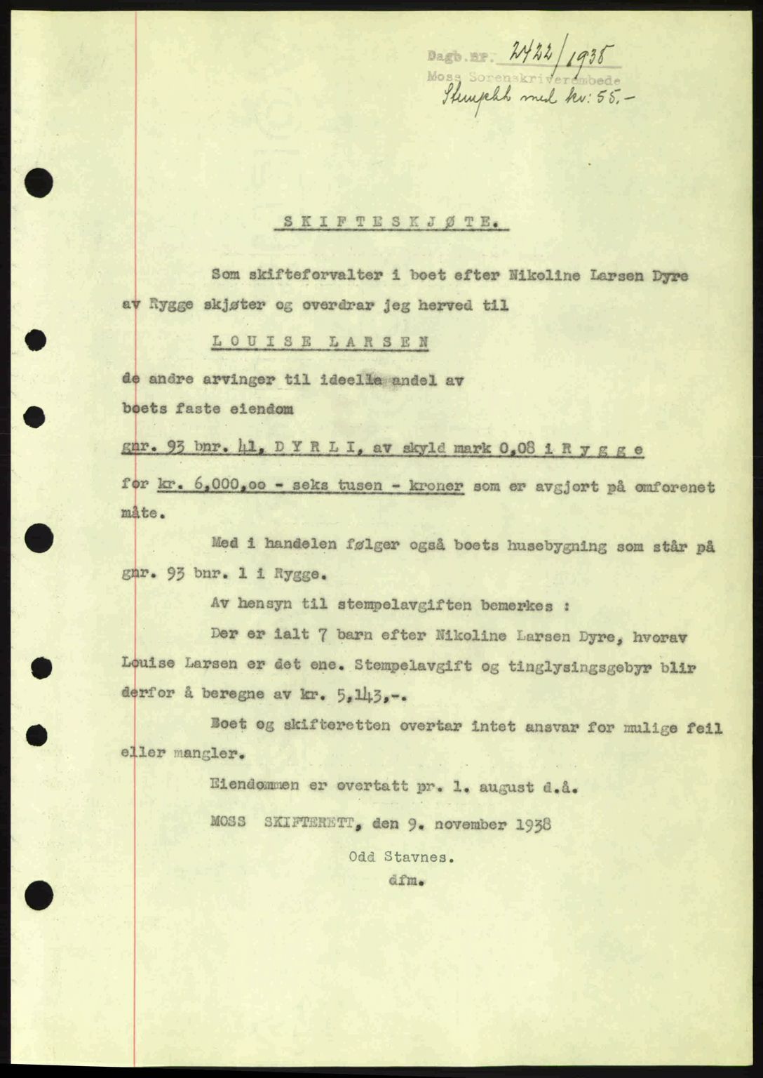 Moss sorenskriveri, SAO/A-10168: Mortgage book no. A5, 1938-1939, Diary no: : 2422/1938