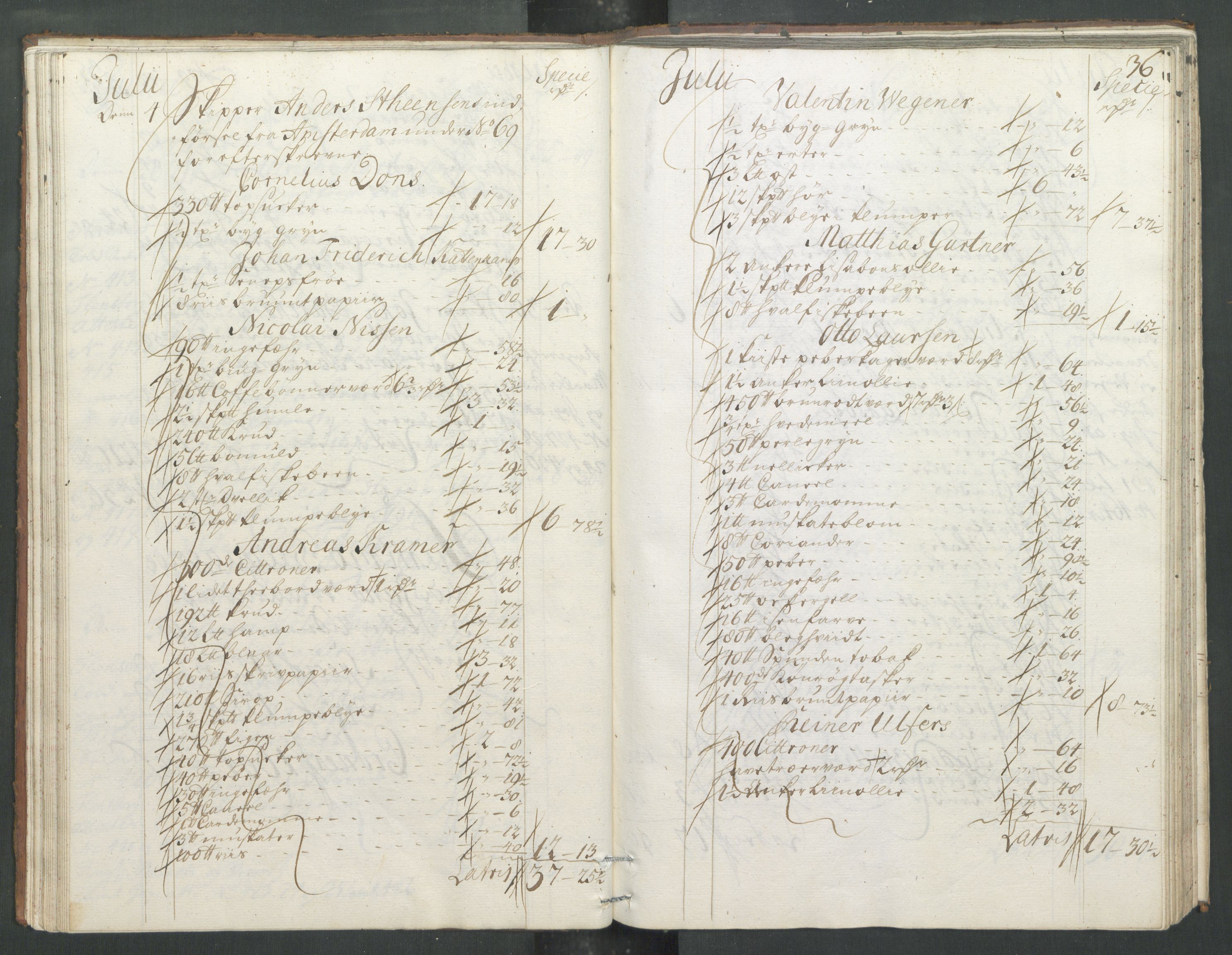 Generaltollkammeret, tollregnskaper, RA/EA-5490/R33/L0013/0001: Tollregnskaper Trondheim A / Inngående tollbok, 1731, p. 35b-36a