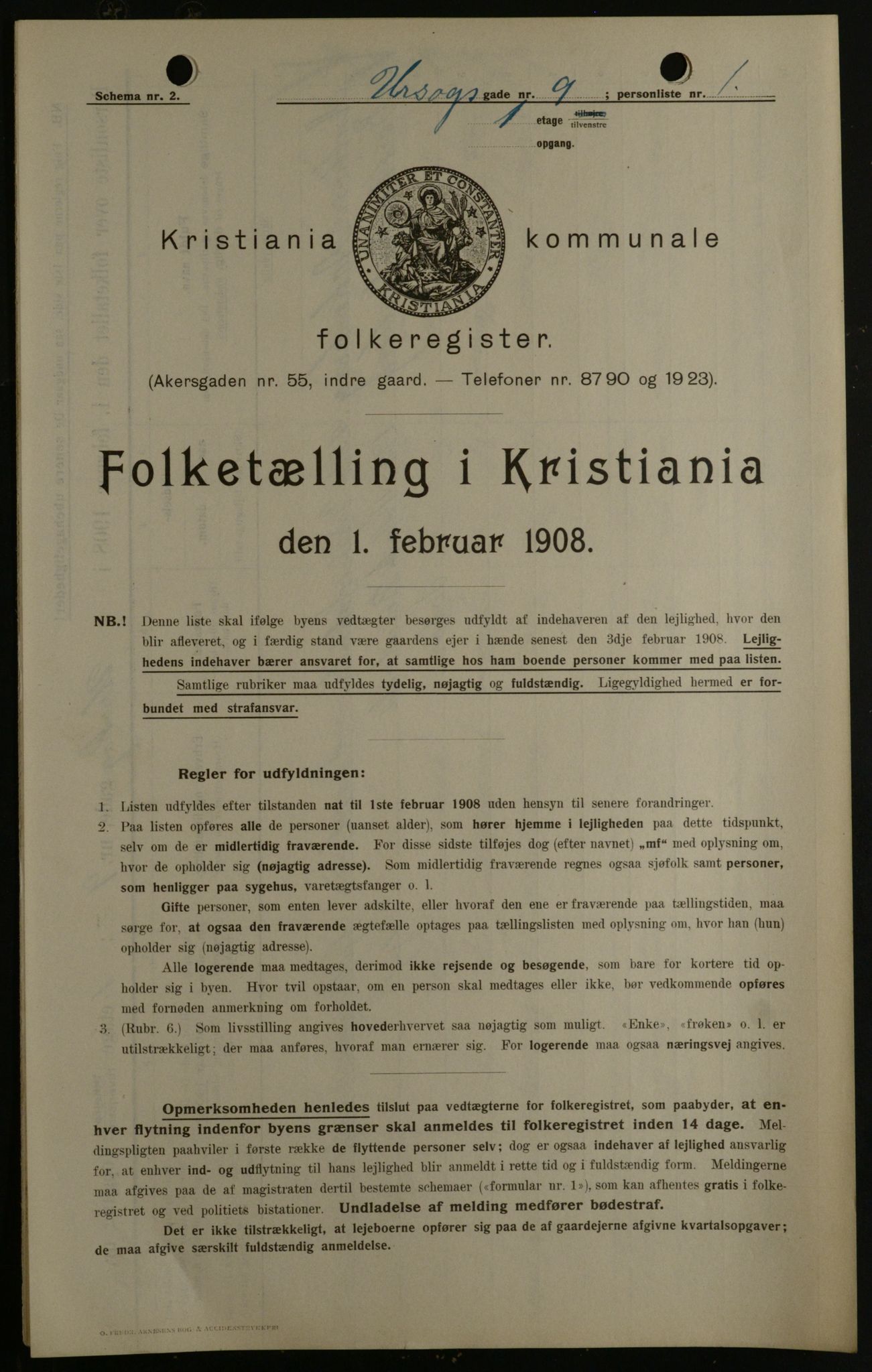 OBA, Municipal Census 1908 for Kristiania, 1908, p. 2672