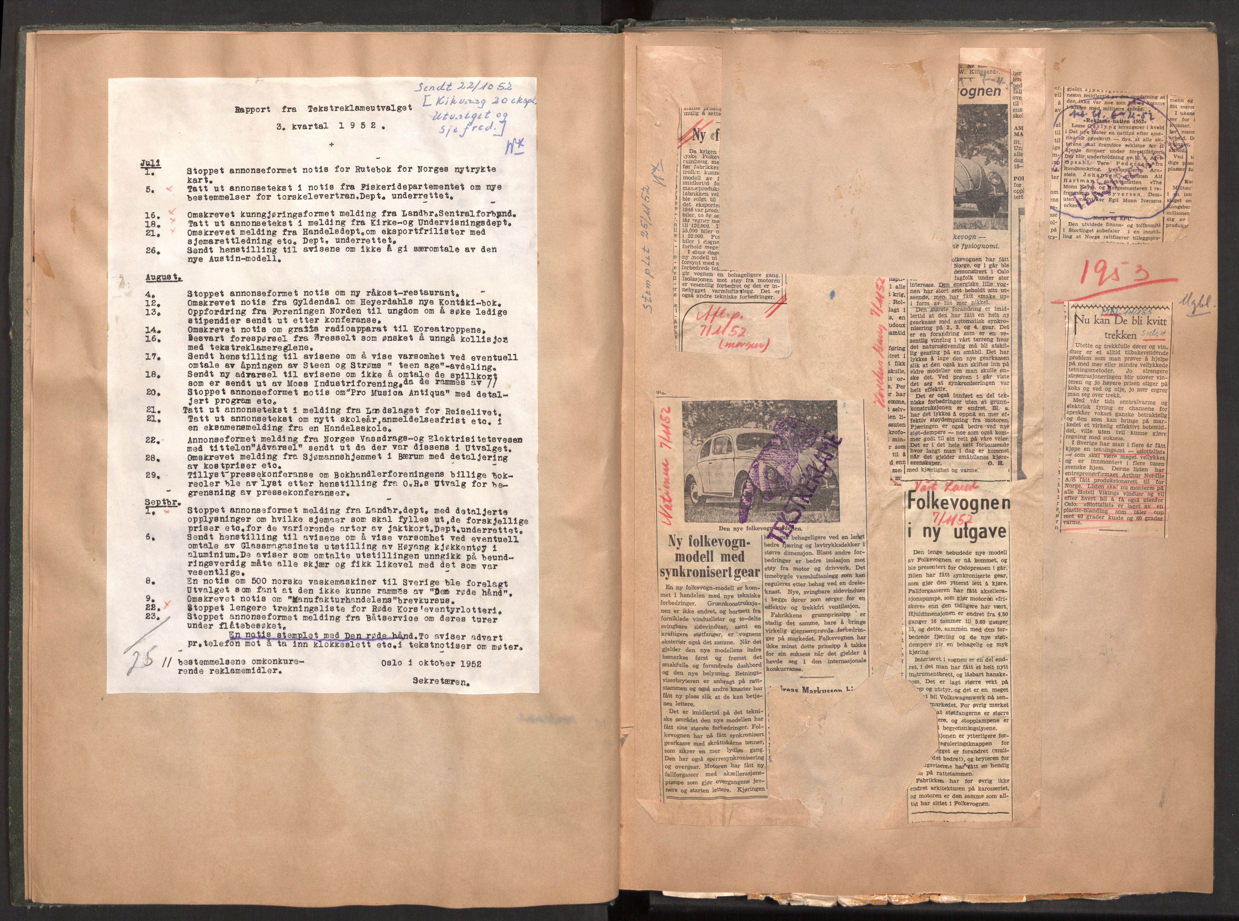 Tekstreklameutvalget, AV/RA-PA-0854/A/Aa/L0005: Kvartalsrapporter om virksomheten, 1952-1960