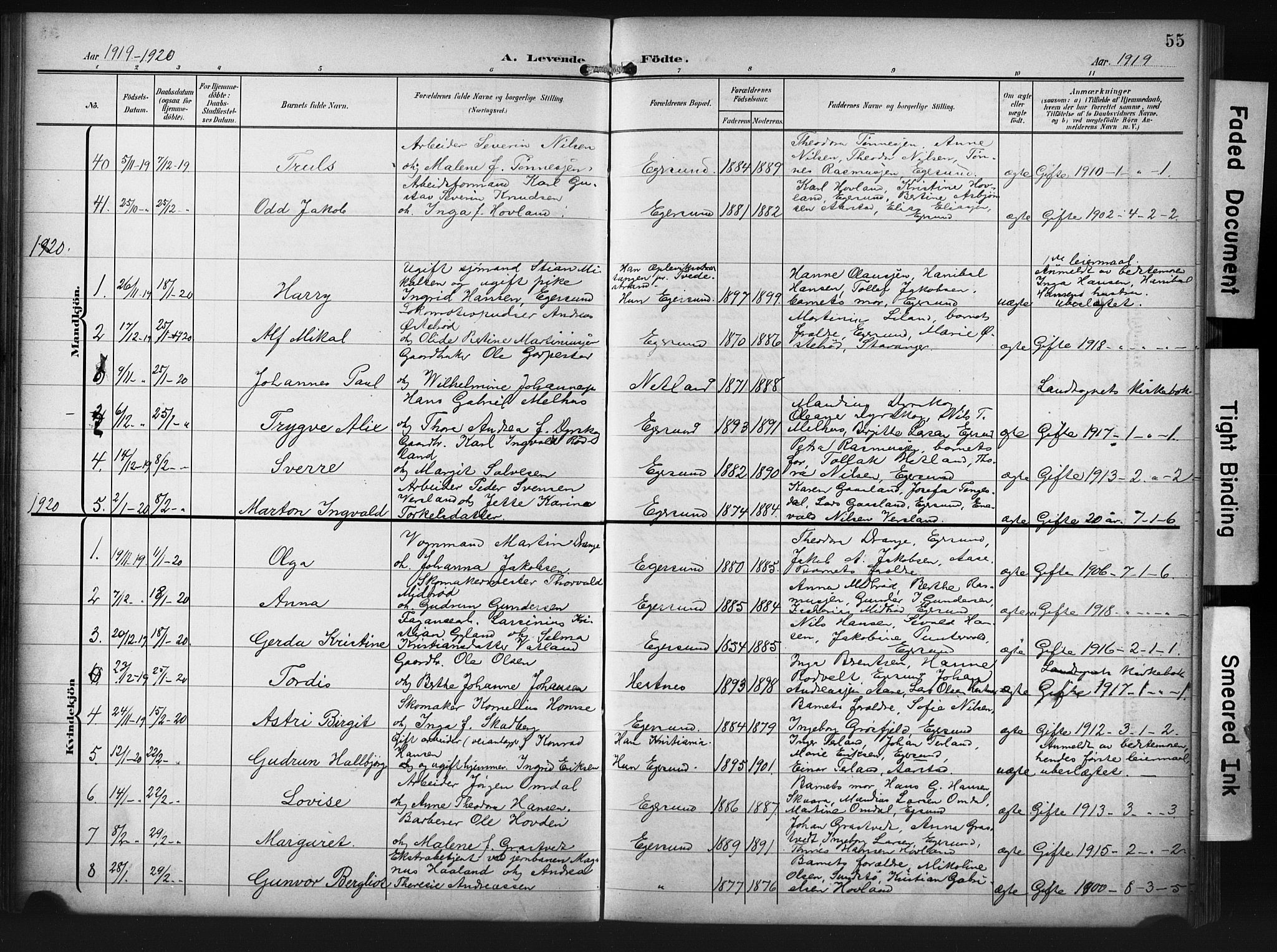 Eigersund sokneprestkontor, SAST/A-101807/S09/L0012: Parish register (copy) no. B 12, 1908-1930, p. 55