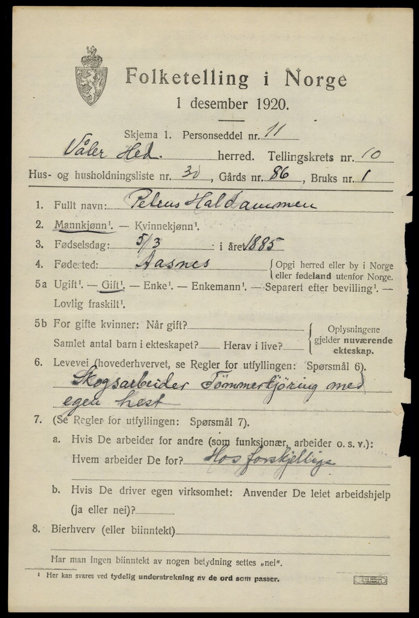 SAH, 1920 census for Våler (Hedmark), 1920, p. 10263