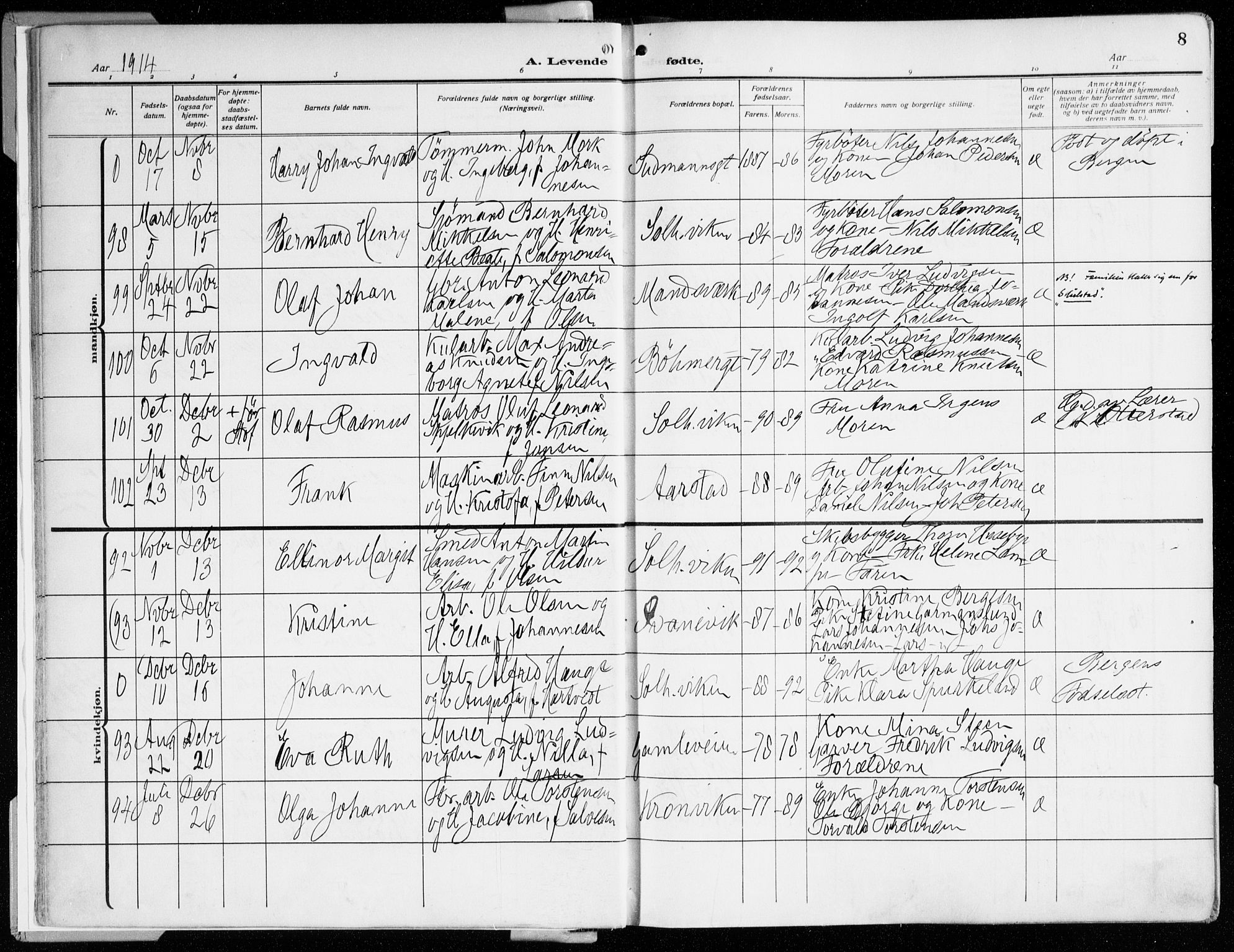 Årstad Sokneprestembete, AV/SAB-A-79301/H/Haa/L0003: Parish register (official) no. A 3, 1914-1919, p. 8