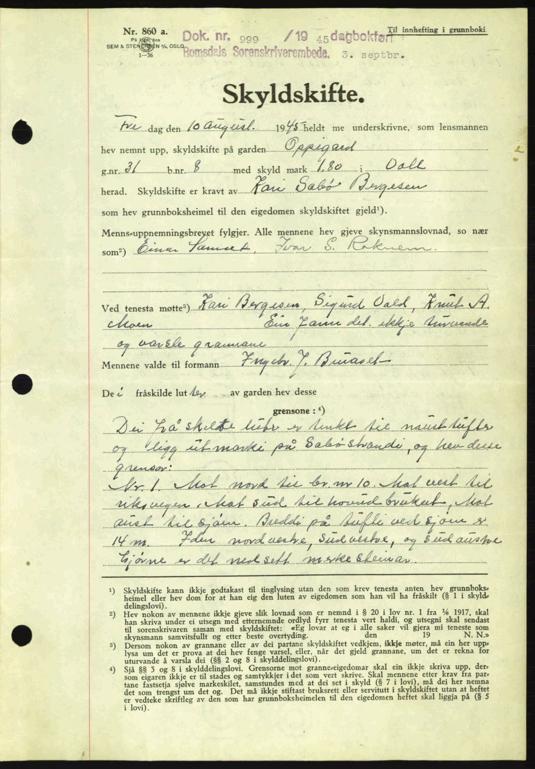 Romsdal sorenskriveri, AV/SAT-A-4149/1/2/2C: Mortgage book no. A18, 1945-1945, Diary no: : 999/1945