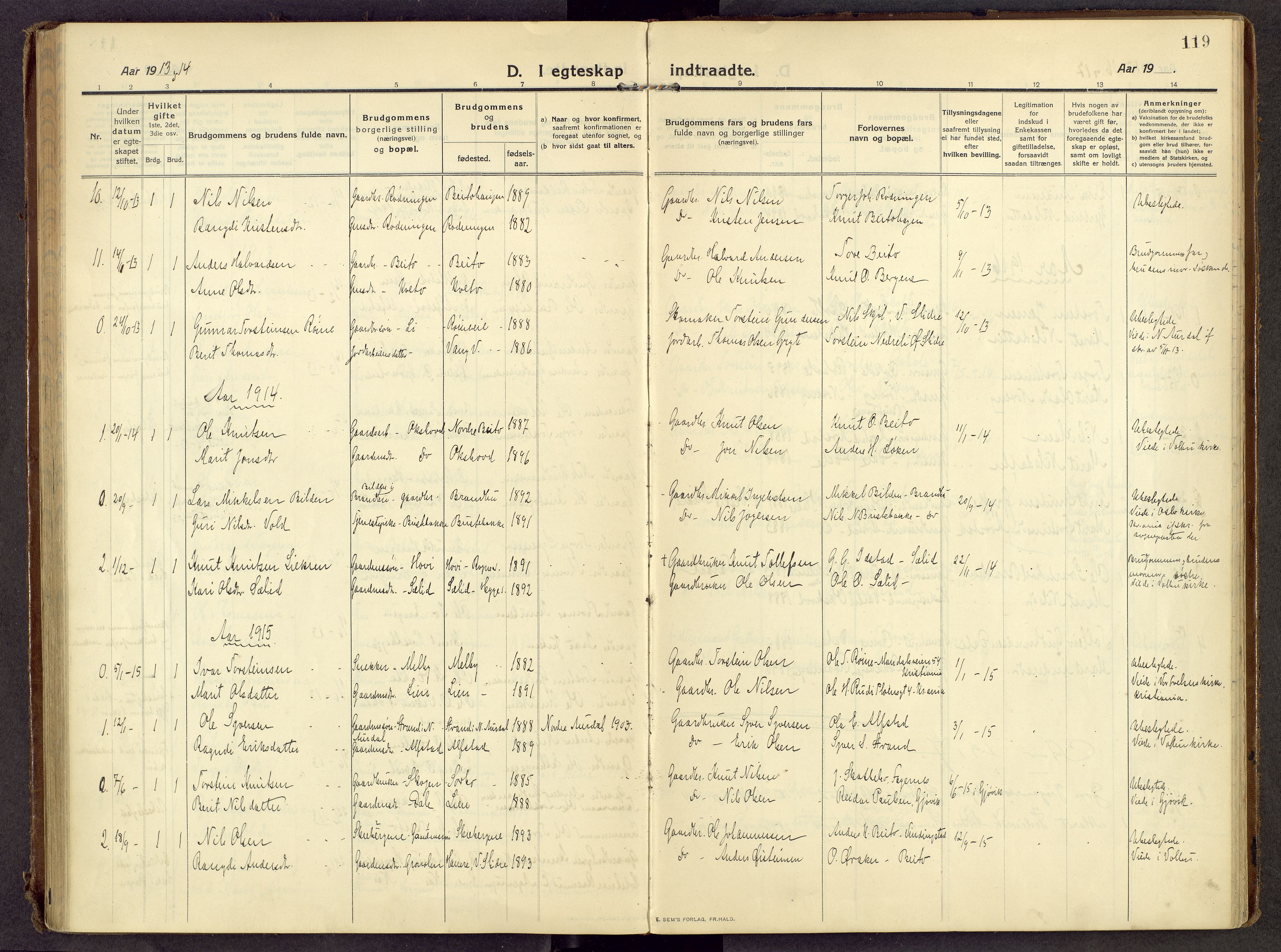 Øystre Slidre prestekontor, AV/SAH-PREST-138/H/Ha/Haa/L0007: Parish register (official) no. 7, 1911-1931, p. 119