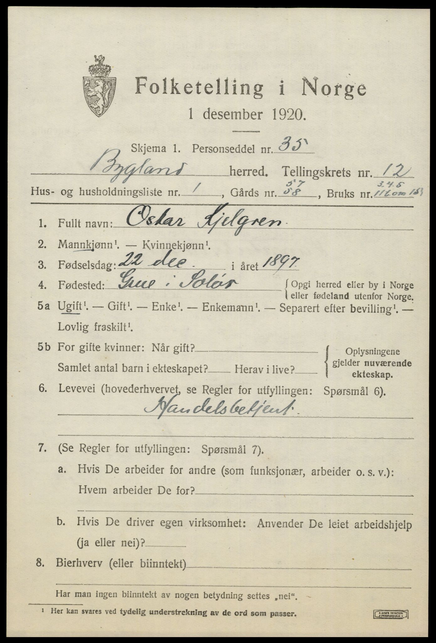 SAK, 1920 census for Bygland, 1920, p. 4529