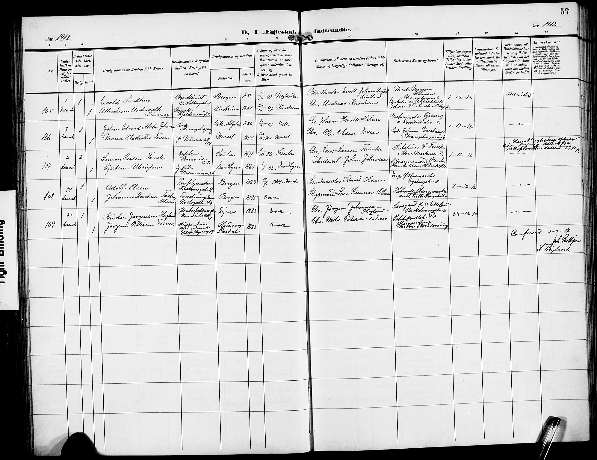 Domkirken sokneprestembete, AV/SAB-A-74801/H/Hab/L0033: Parish register (copy) no. D 5, 1907-1924, p. 57