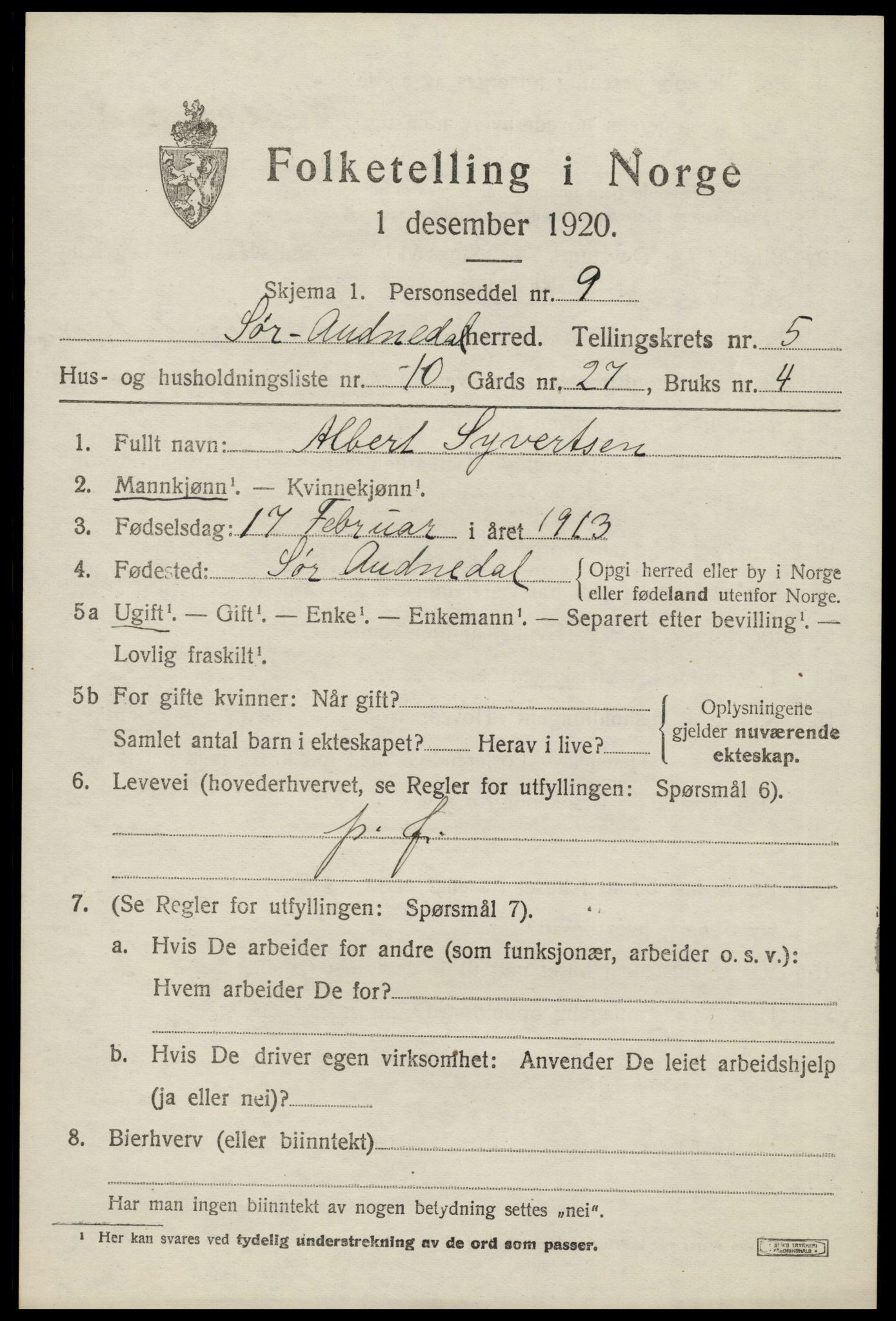 SAK, 1920 census for Sør-Audnedal, 1920, p. 2589