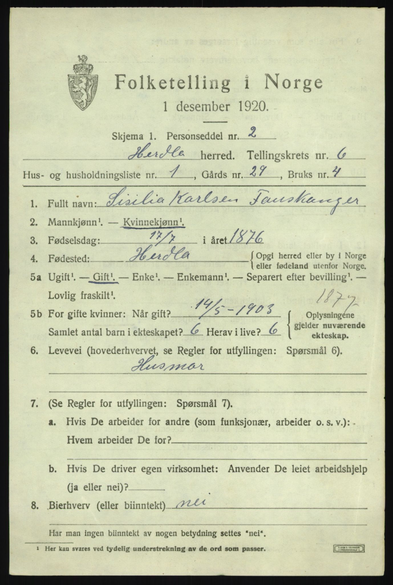 SAB, 1920 census for Herdla, 1920, p. 4361