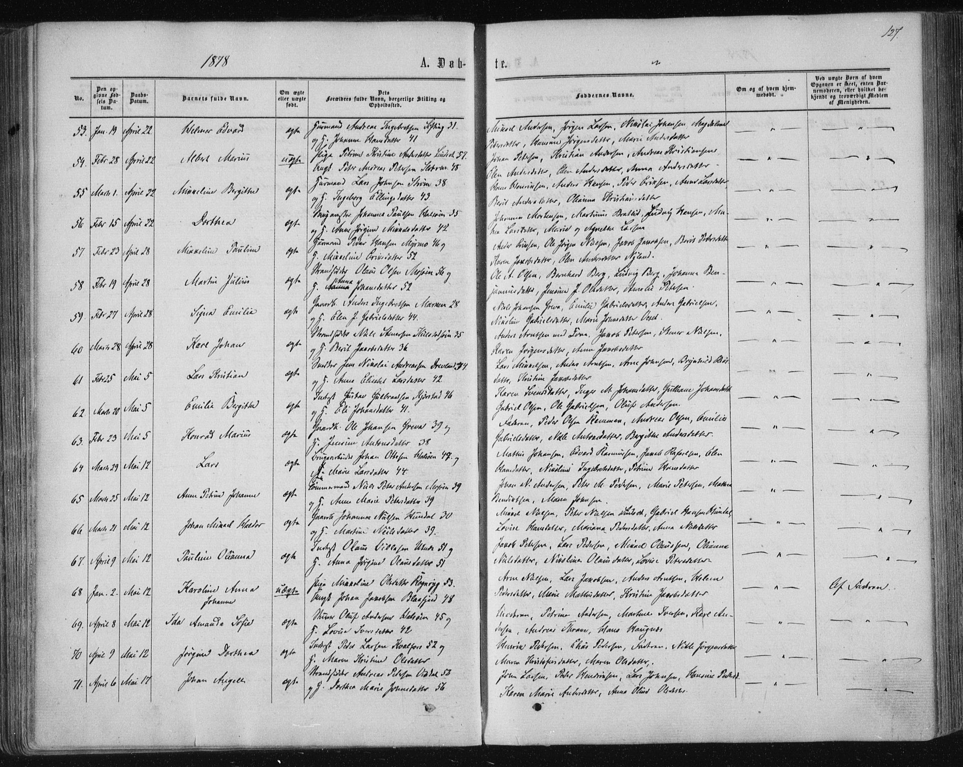 Ministerialprotokoller, klokkerbøker og fødselsregistre - Nordland, SAT/A-1459/820/L0294: Parish register (official) no. 820A15, 1866-1879, p. 127
