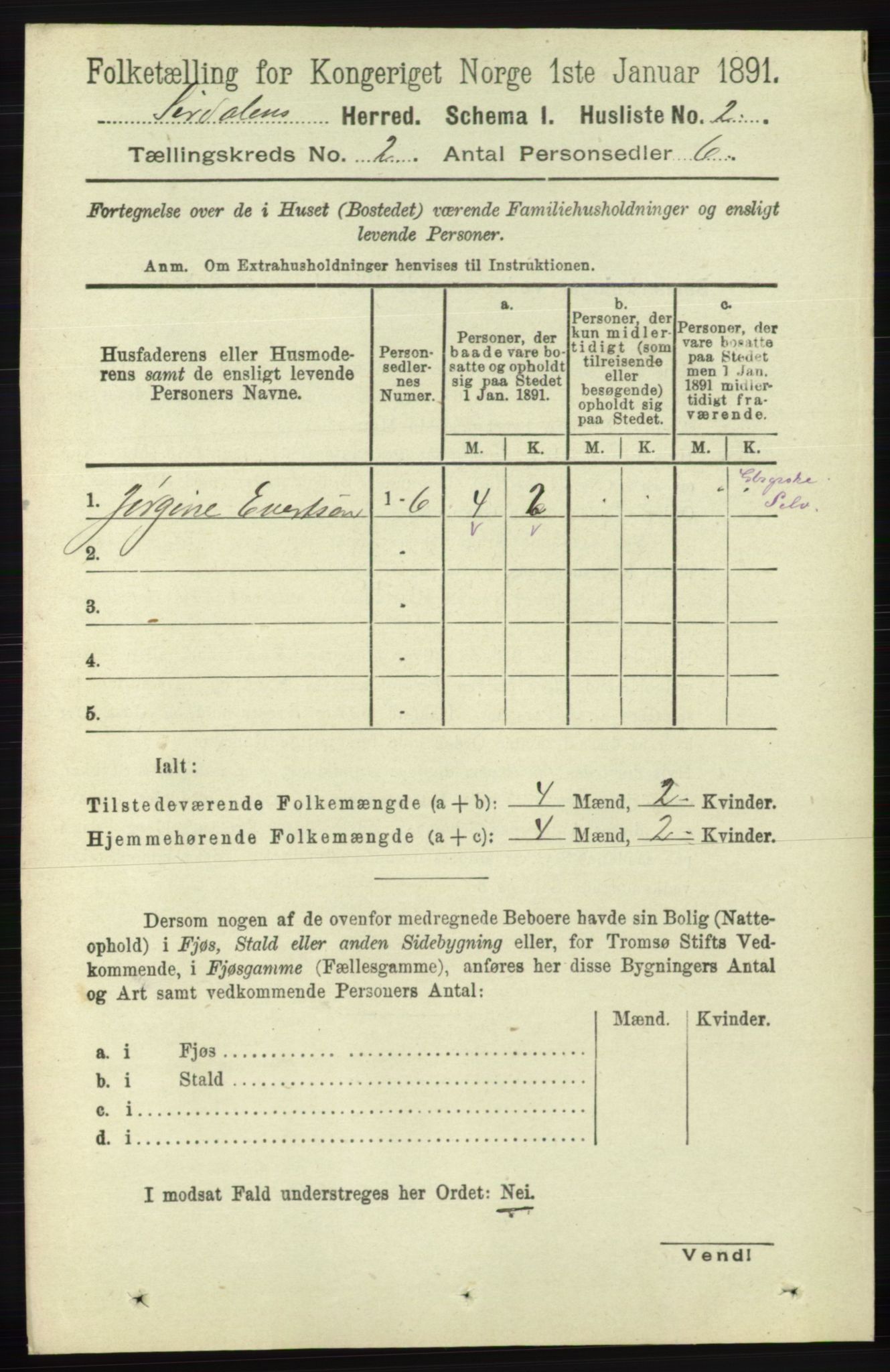 RA, 1891 census for 1046 Sirdal, 1891, p. 290