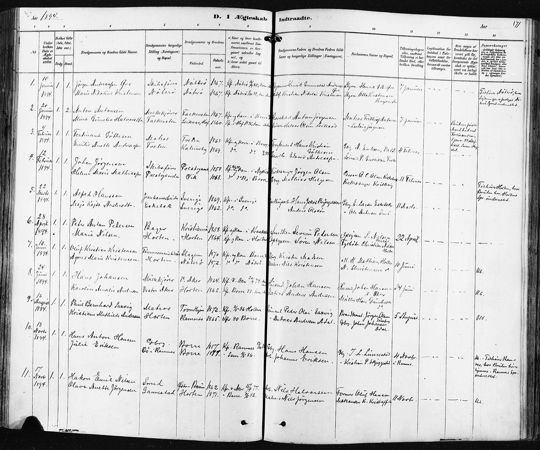 Borre kirkebøker, AV/SAKO-A-338/F/Fa/L0009: Parish register (official) no. I 9, 1878-1896, p. 171