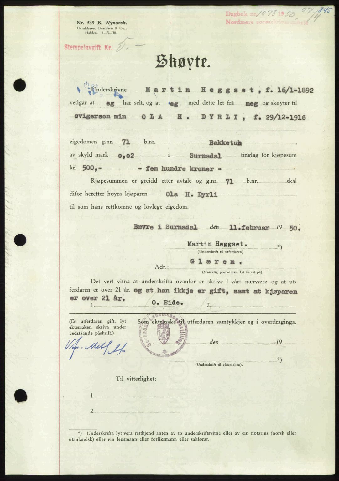 Nordmøre sorenskriveri, AV/SAT-A-4132/1/2/2Ca: Mortgage book no. A114, 1950-1950, Diary no: : 1278/1950