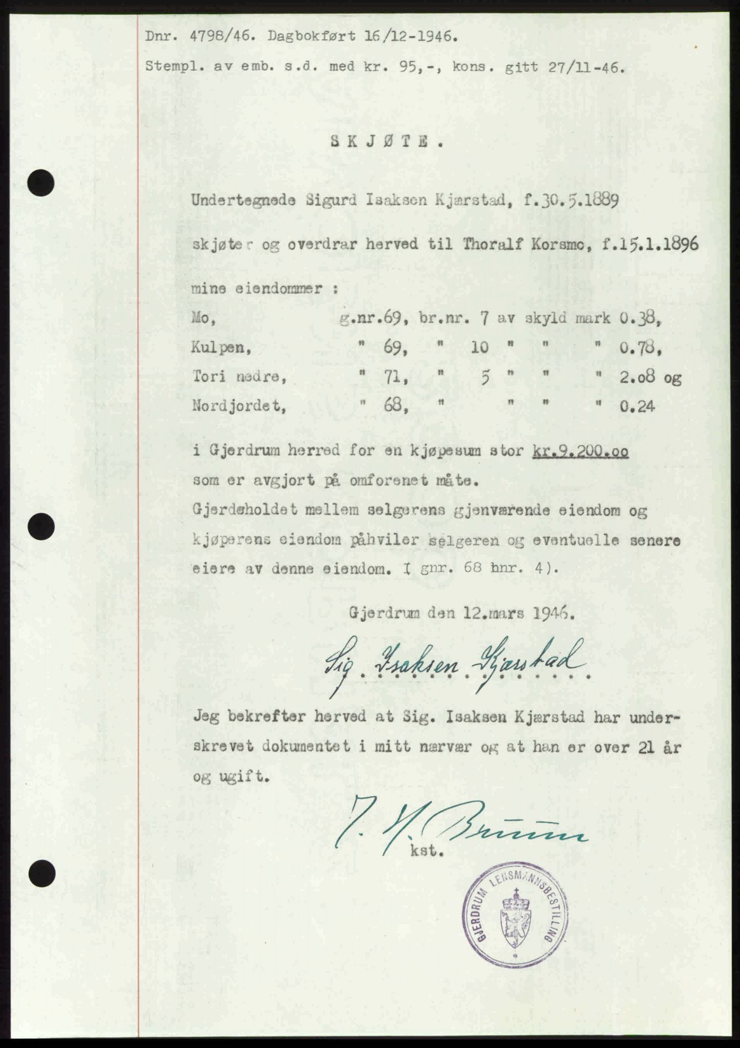 Nedre Romerike sorenskriveri, AV/SAO-A-10469/G/Gb/Gbd/L0017: Mortgage book no. 17, 1946-1946, Diary no: : 4798/1946