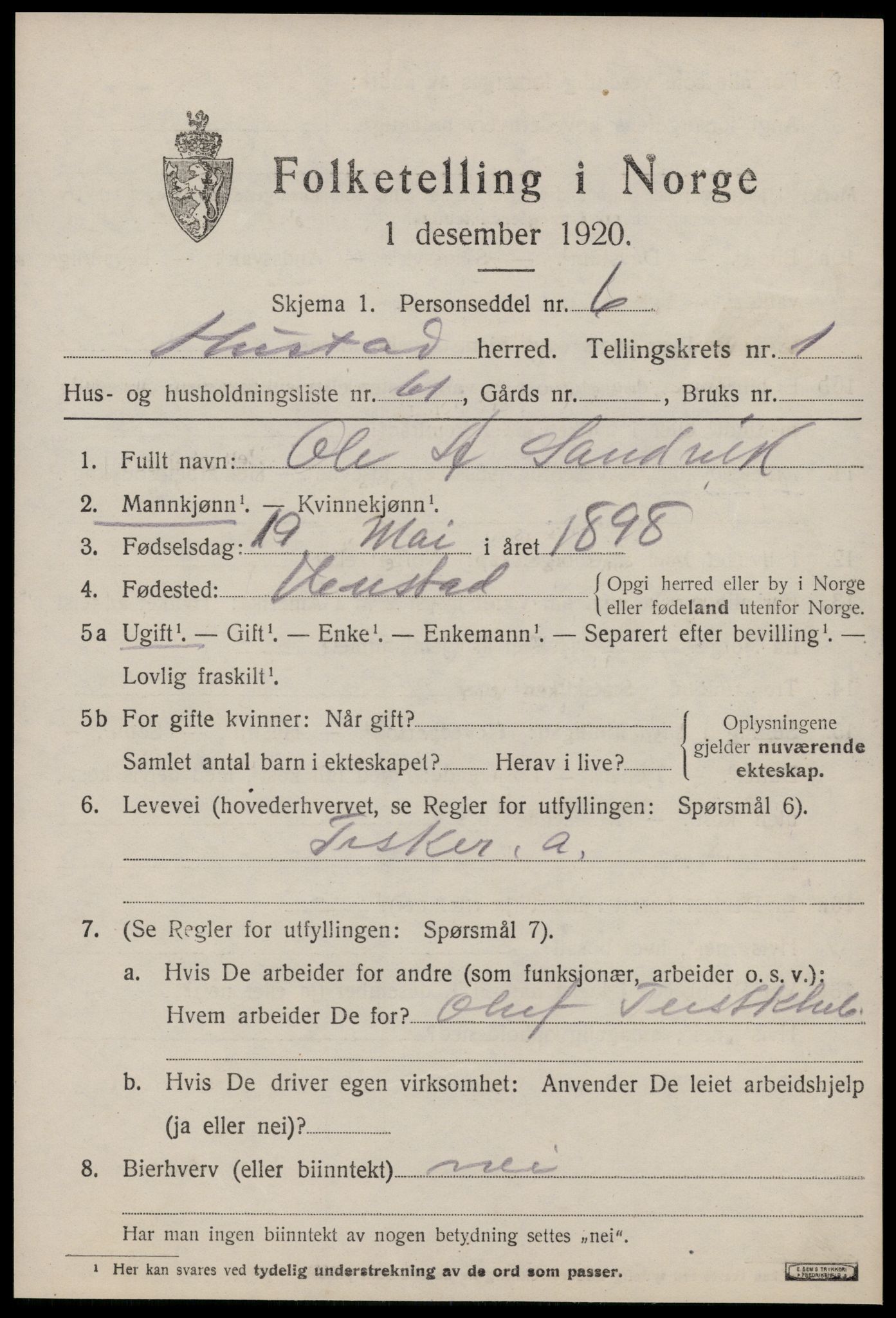 SAT, 1920 census for Hustad, 1920, p. 1509