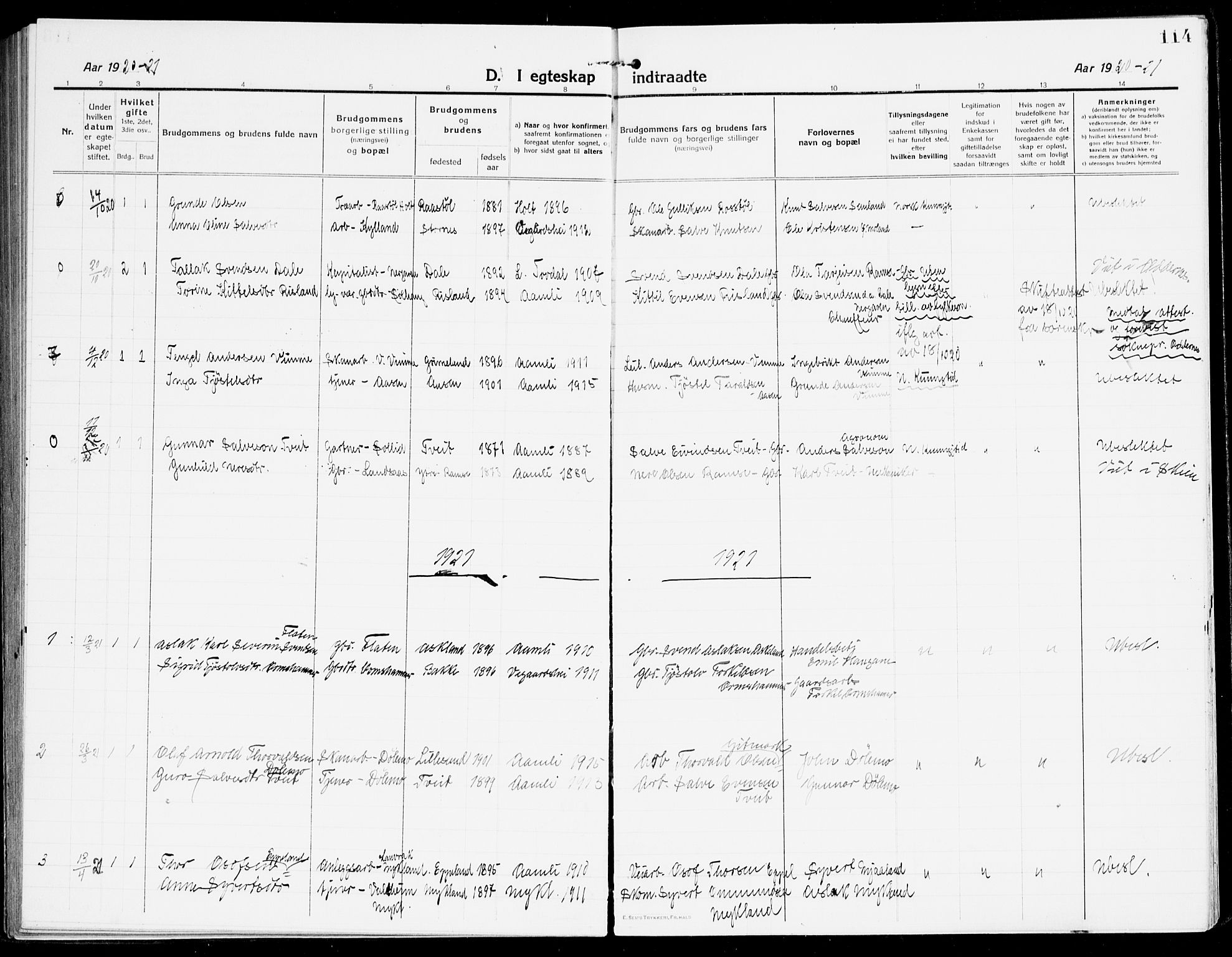 Åmli sokneprestkontor, AV/SAK-1111-0050/F/Fa/Fac/L0013: Parish register (official) no. A 13, 1914-1933, p. 114