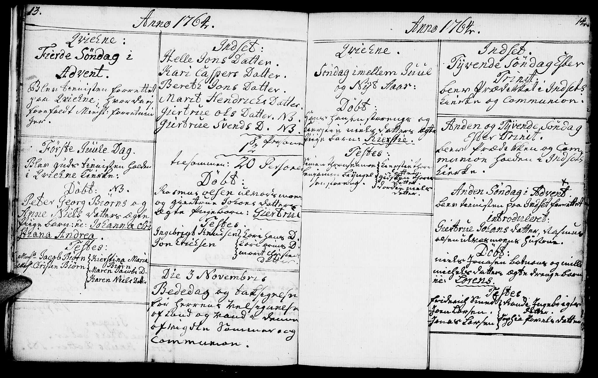 Kvikne prestekontor, SAH/PREST-064/H/Ha/Haa/L0002: Parish register (official) no. 2, 1764-1784, p. 13-14