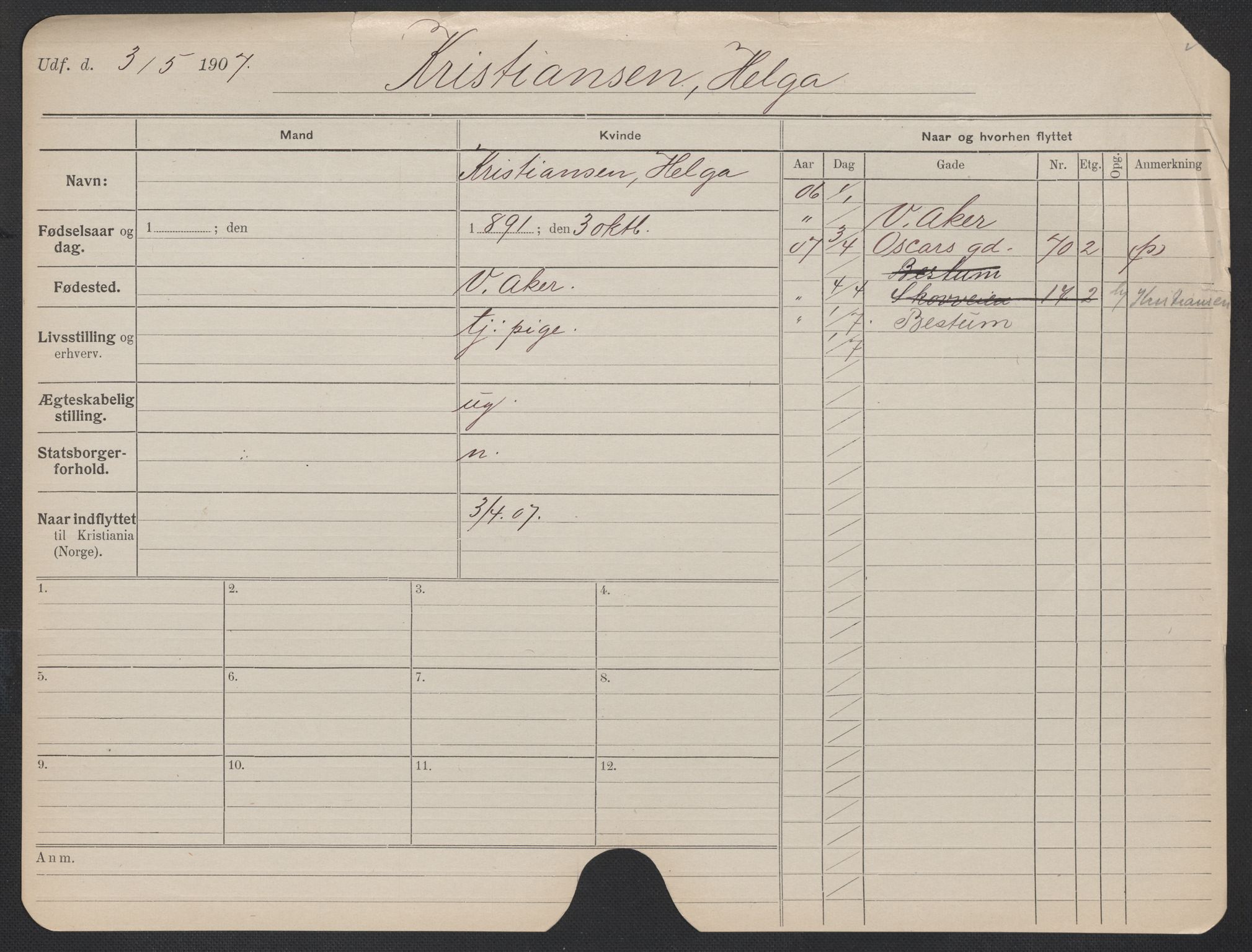 Oslo folkeregister, Registerkort, AV/SAO-A-11715/F/Fa/Fac/L0019: Kvinner, 1906-1914, p. 295a