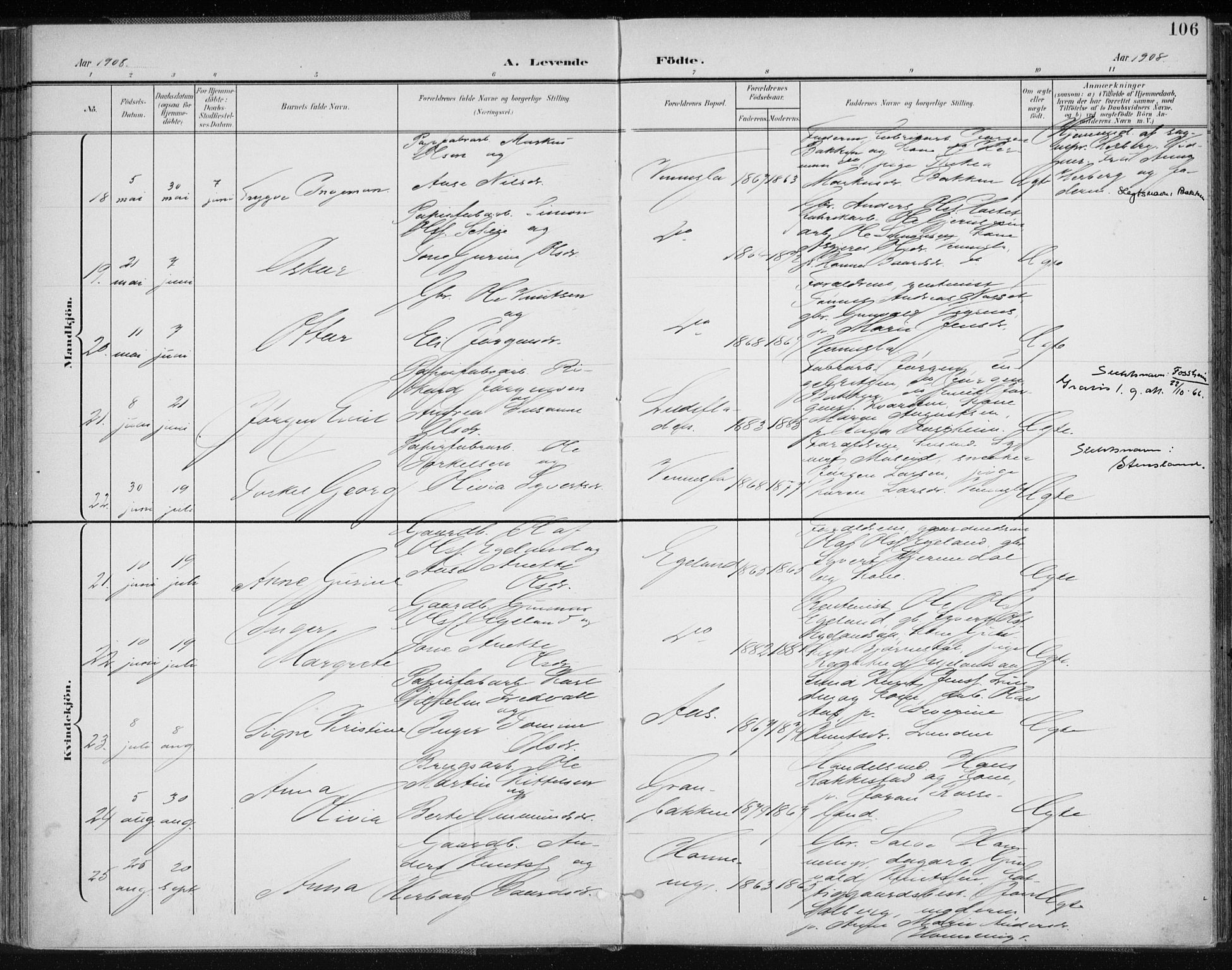 Vennesla sokneprestkontor, AV/SAK-1111-0045/Fa/Fab/L0005: Parish register (official) no. A 5, 1897-1909, p. 106