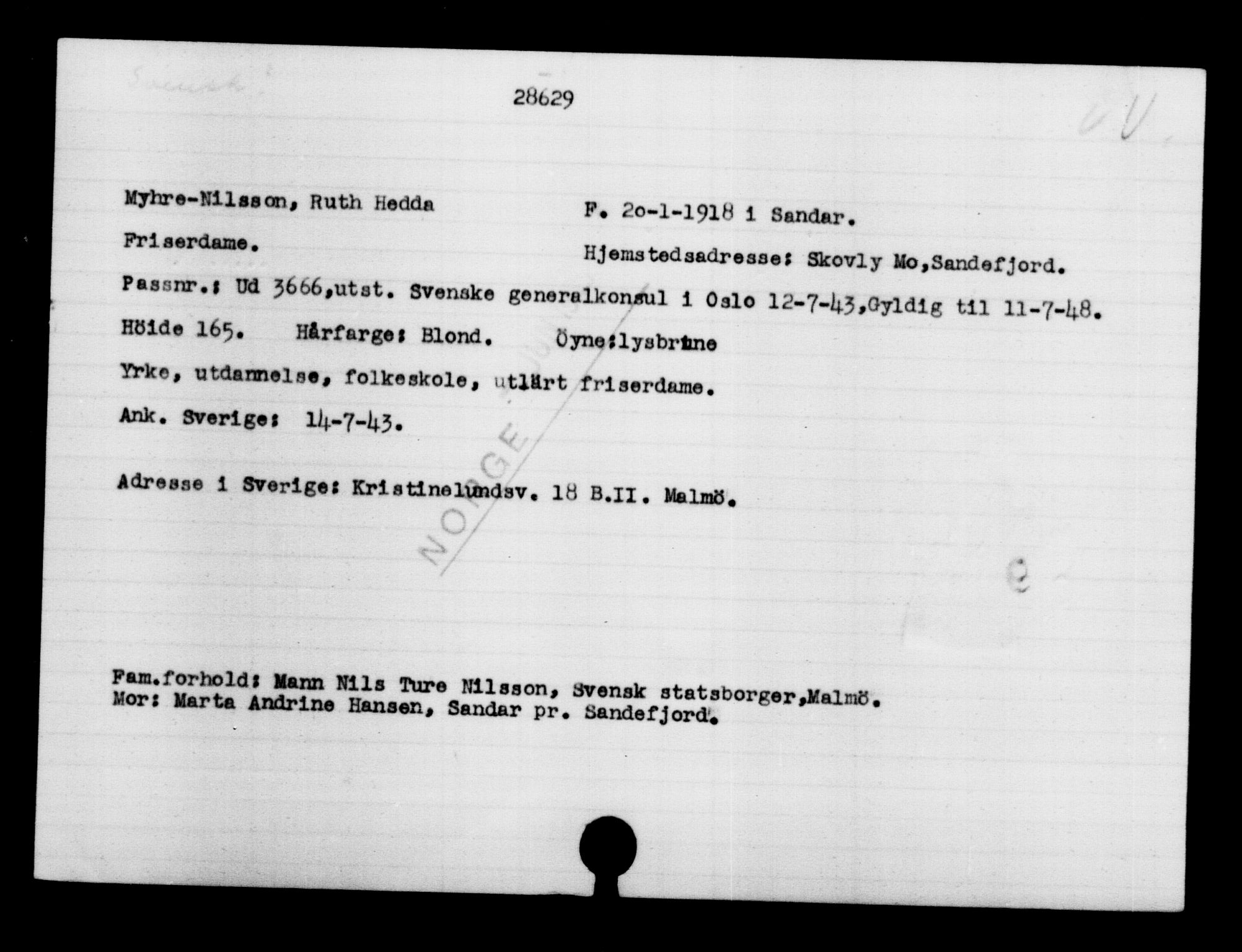 Utenriksstasjonene, Legasjonen i Stockholm, Flyktningkontoret, AV/RA-S-6753/V/Va/L0012: Kjesäterkartoteket, flyktninger med registreringsnr. 28300-31566, 1940-1945, p. 352