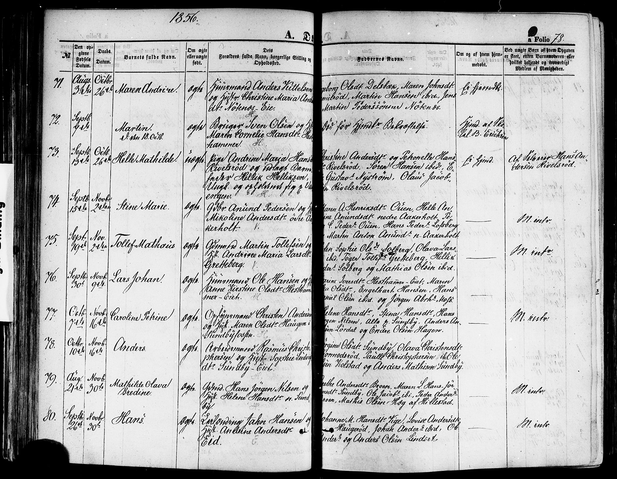 Hof kirkebøker, AV/SAKO-A-64/F/Fa/L0006: Parish register (official) no. I 6, 1851-1877, p. 78