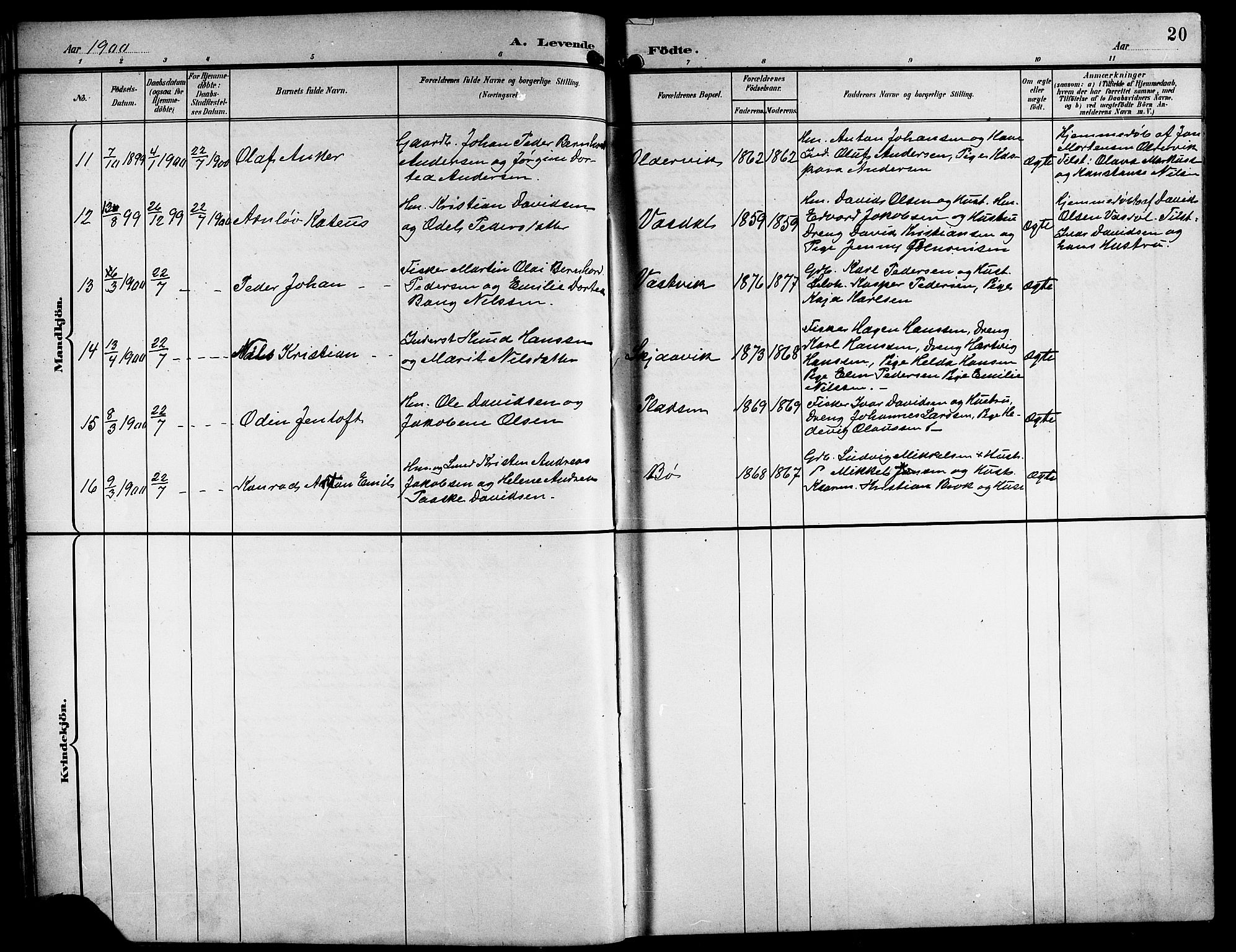 Ministerialprotokoller, klokkerbøker og fødselsregistre - Nordland, AV/SAT-A-1459/841/L0621: Parish register (copy) no. 841C05, 1897-1923, p. 20