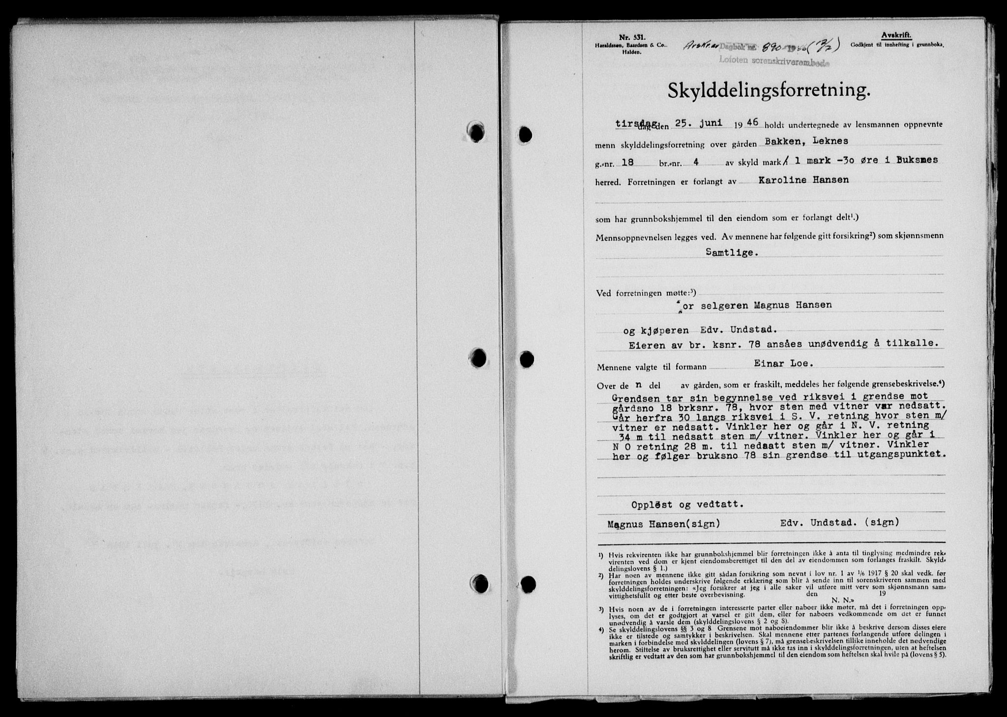Lofoten sorenskriveri, SAT/A-0017/1/2/2C/L0014a: Mortgage book no. 14a, 1946-1946, Diary no: : 890/1946