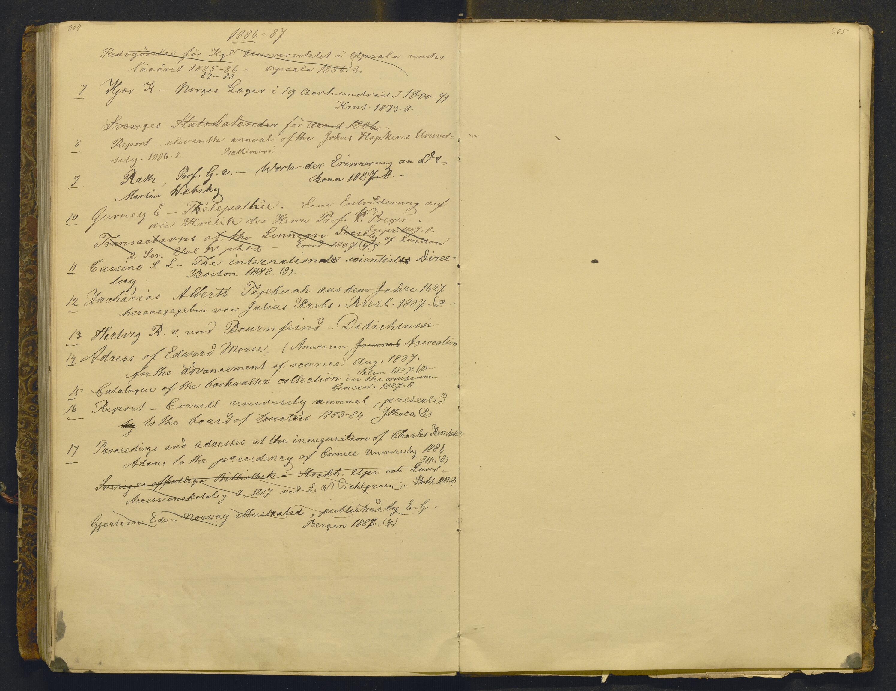Bergens Museum, AV/SAB-A-17301/05/G/Gc/L0001: Tilleggskatalog til Naturhistorisk avdeling og Fastings bibliotek , 1882-1888, p. 304-305