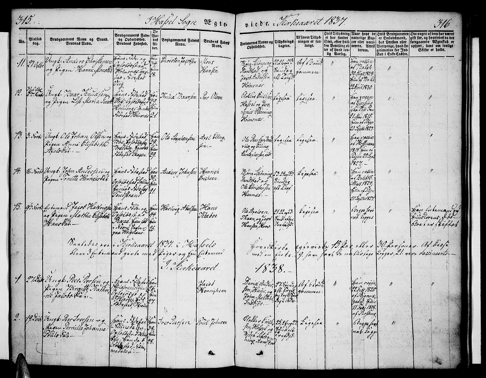 Ministerialprotokoller, klokkerbøker og fødselsregistre - Nordland, AV/SAT-A-1459/888/L1239: Parish register (official) no. 888A06 /1, 1837-1849, p. 315-316