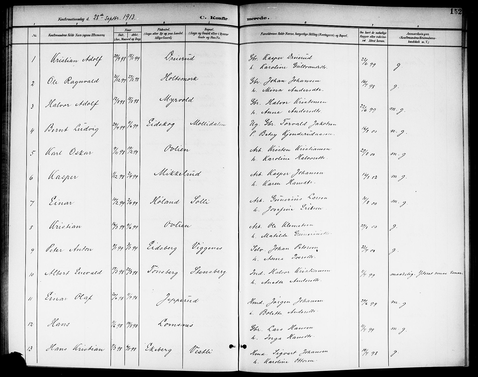 Aurskog prestekontor Kirkebøker, SAO/A-10304a/G/Ga/L0004: Parish register (copy) no. I 4, 1901-1921, p. 152