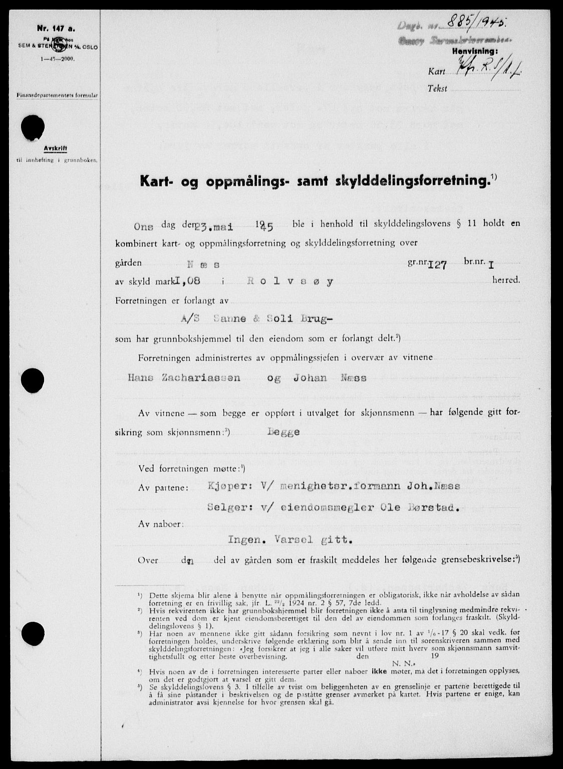 Onsøy sorenskriveri, SAO/A-10474/G/Ga/Gab/L0014: Mortgage book no. II A-14, 1944-1945, Diary no: : 885/1945