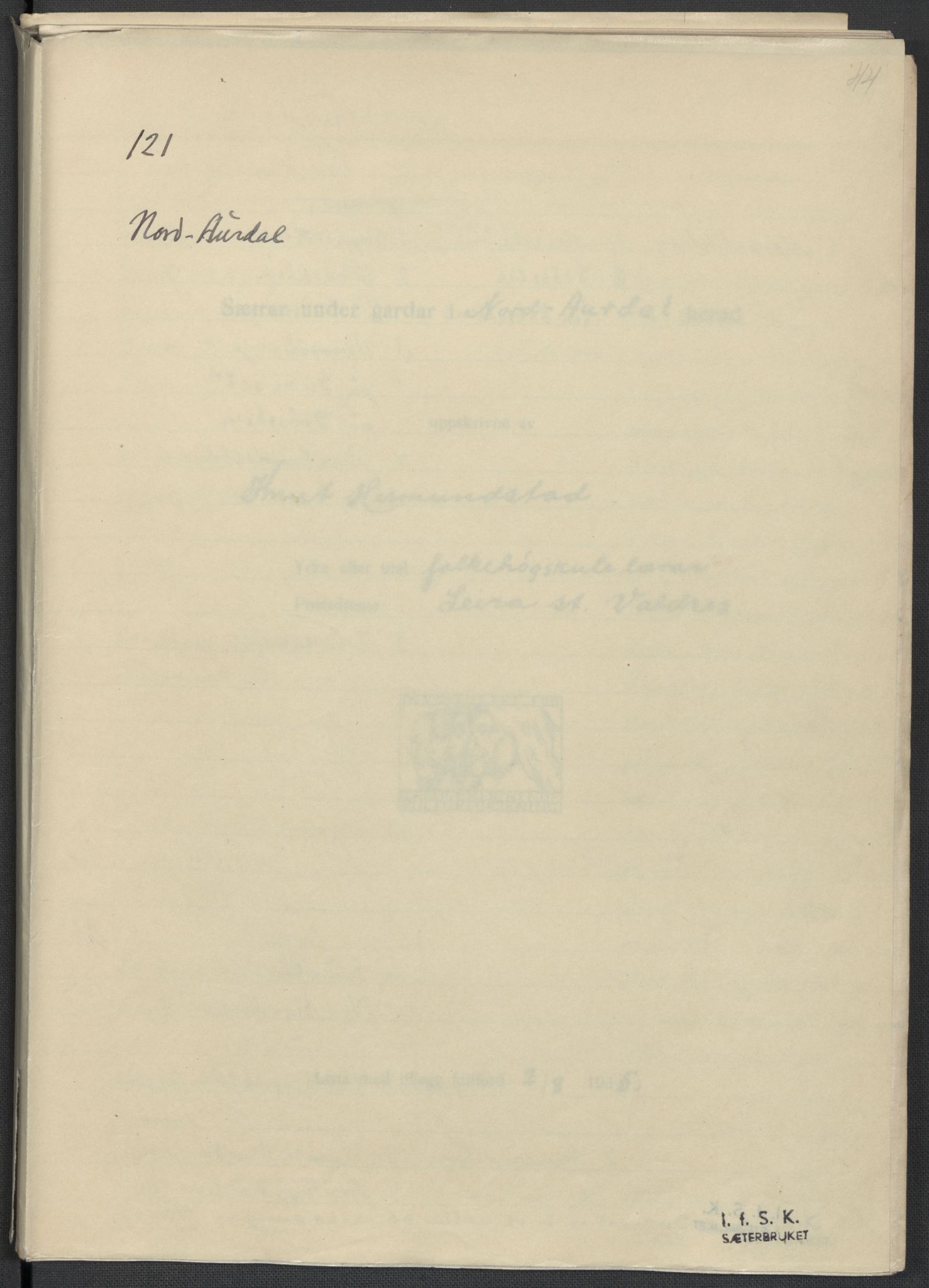 Instituttet for sammenlignende kulturforskning, RA/PA-0424/F/Fc/L0005/0001: Eske B5: / Oppland (perm X), 1934-1935, p. 44