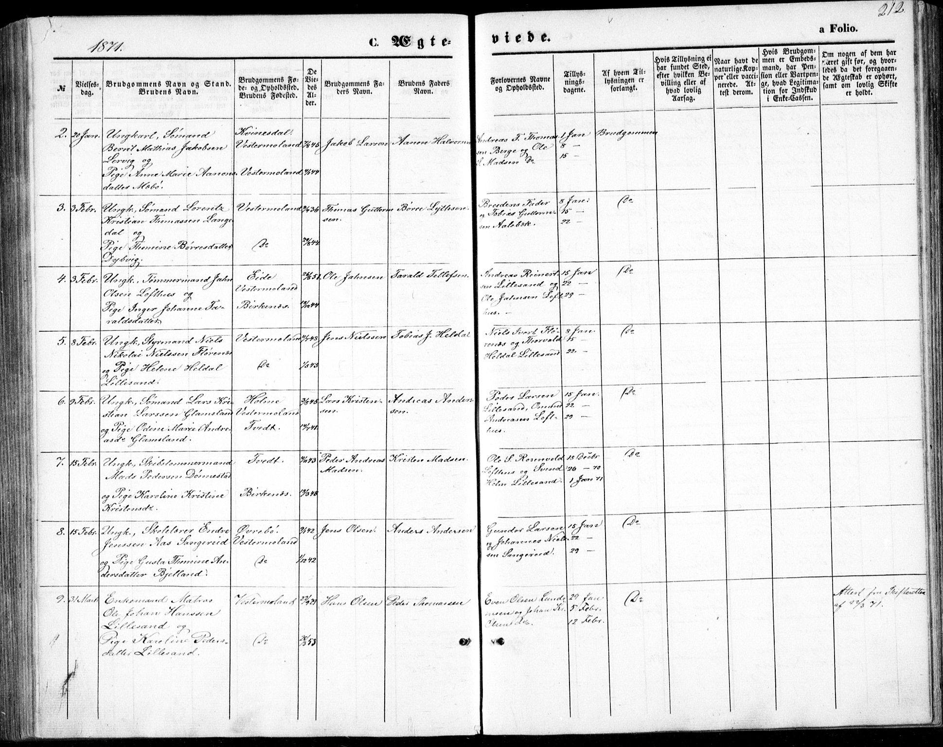 Vestre Moland sokneprestkontor, AV/SAK-1111-0046/F/Fb/Fbb/L0004: Parish register (copy) no. B 4, 1861-1872, p. 212