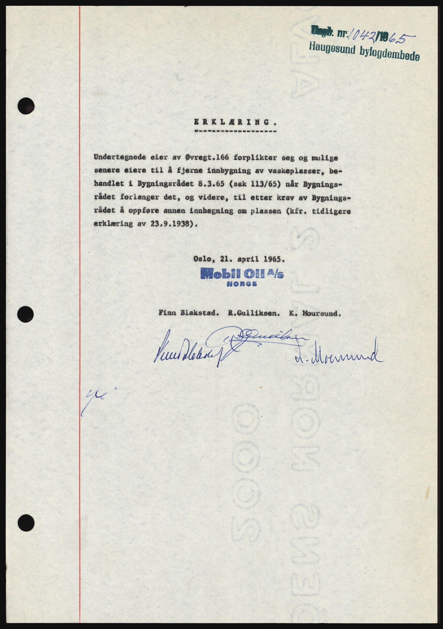 Haugesund tingrett, SAST/A-101415/01/II/IIC/L0053: Mortgage book no. B 53, 1965-1965, Diary no: : 1042/1965