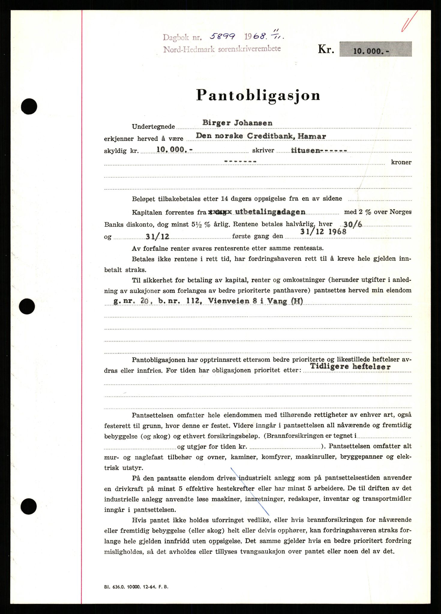 Nord-Hedmark sorenskriveri, SAH/TING-012/H/Hb/Hbf/L0077: Mortgage book no. B77, 1968-1969, Diary no: : 5899/1968