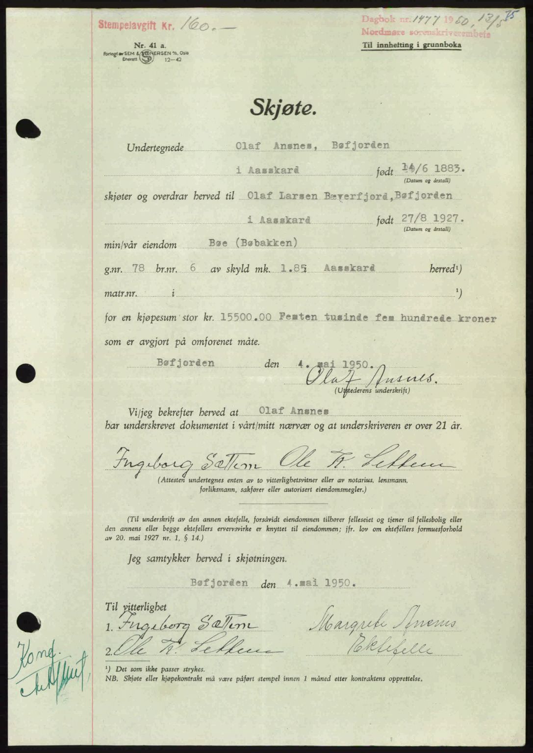 Nordmøre sorenskriveri, AV/SAT-A-4132/1/2/2Ca: Mortgage book no. A115, 1950-1950, Diary no: : 1477/1950