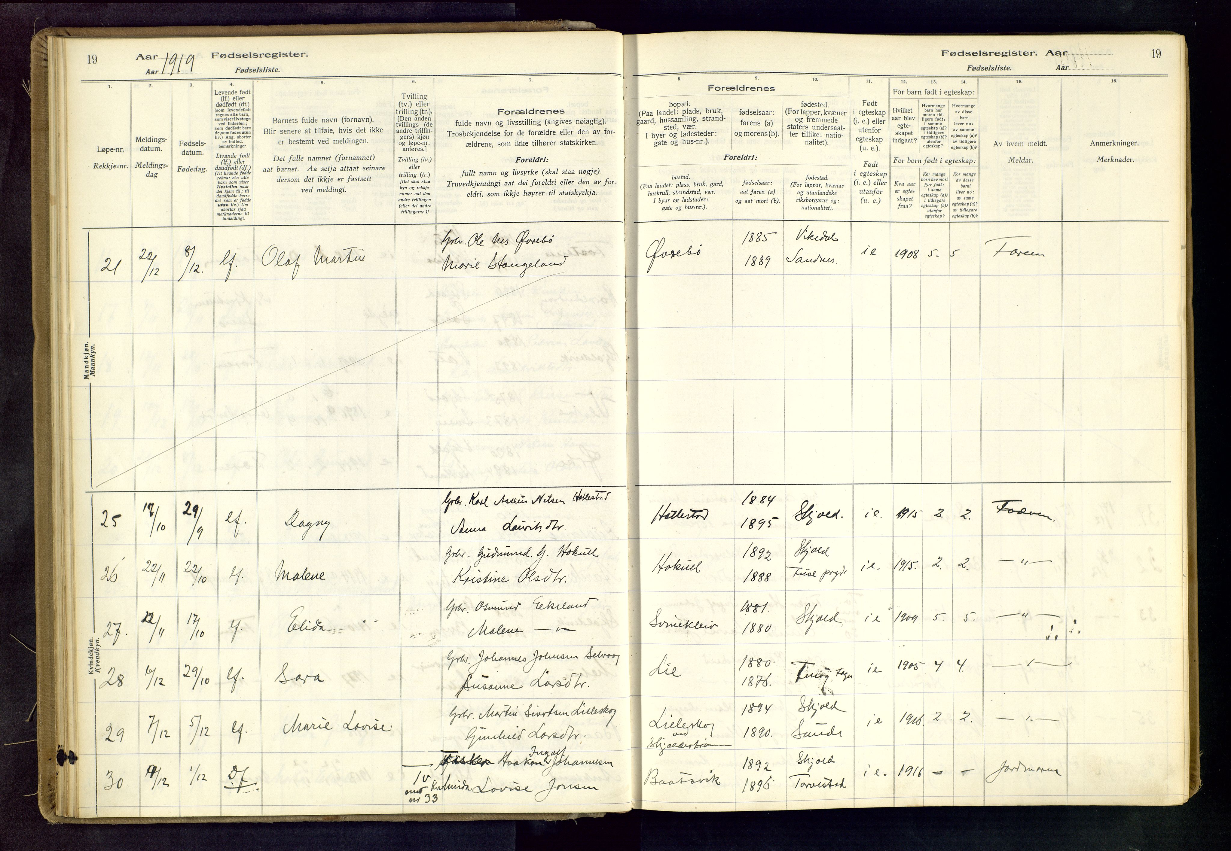 Skjold sokneprestkontor, SAST/A-101847/I/Id/L0001: Birth register no. 1, 1917-1951, p. 19