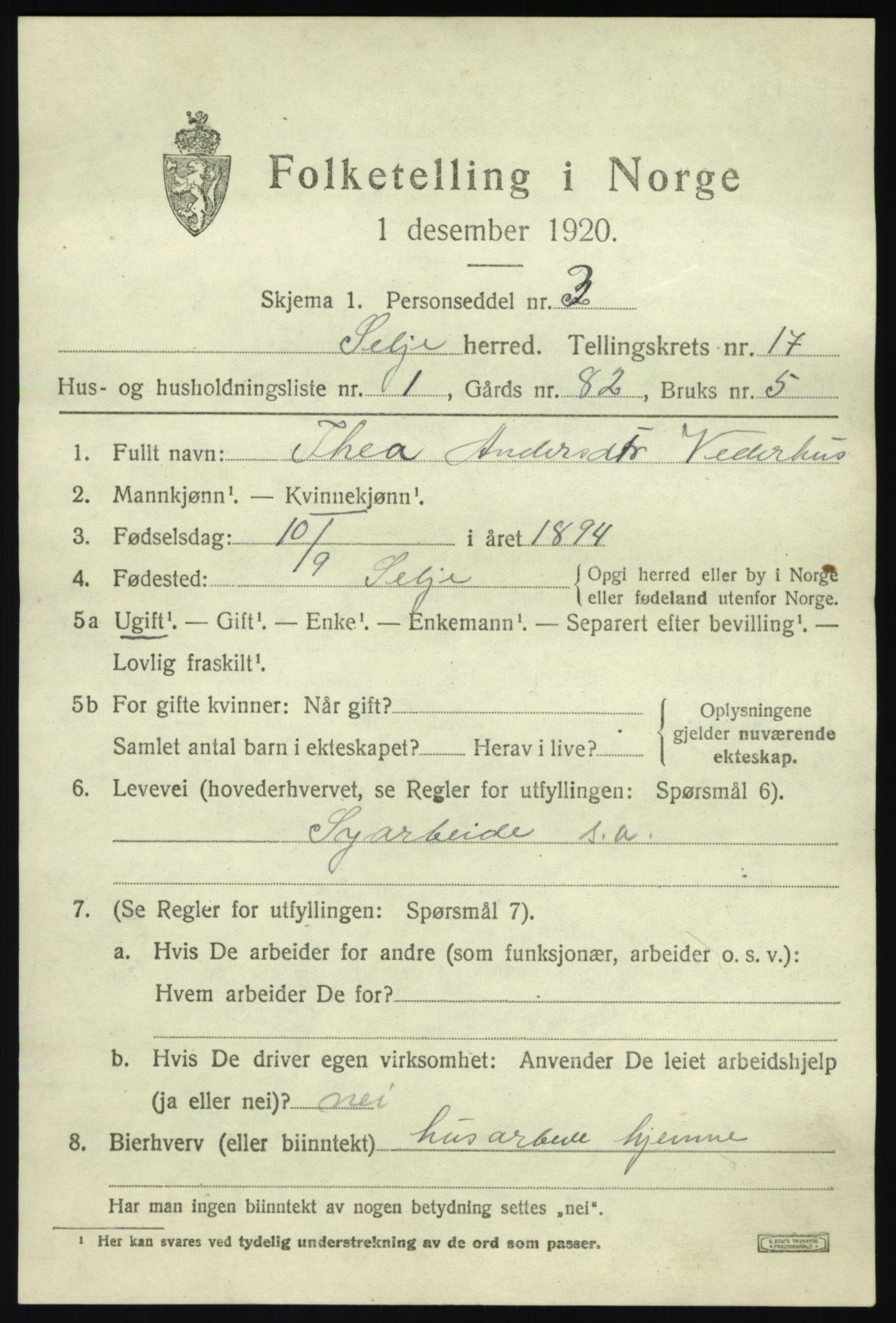 SAB, 1920 census for Selje, 1920, p. 7519