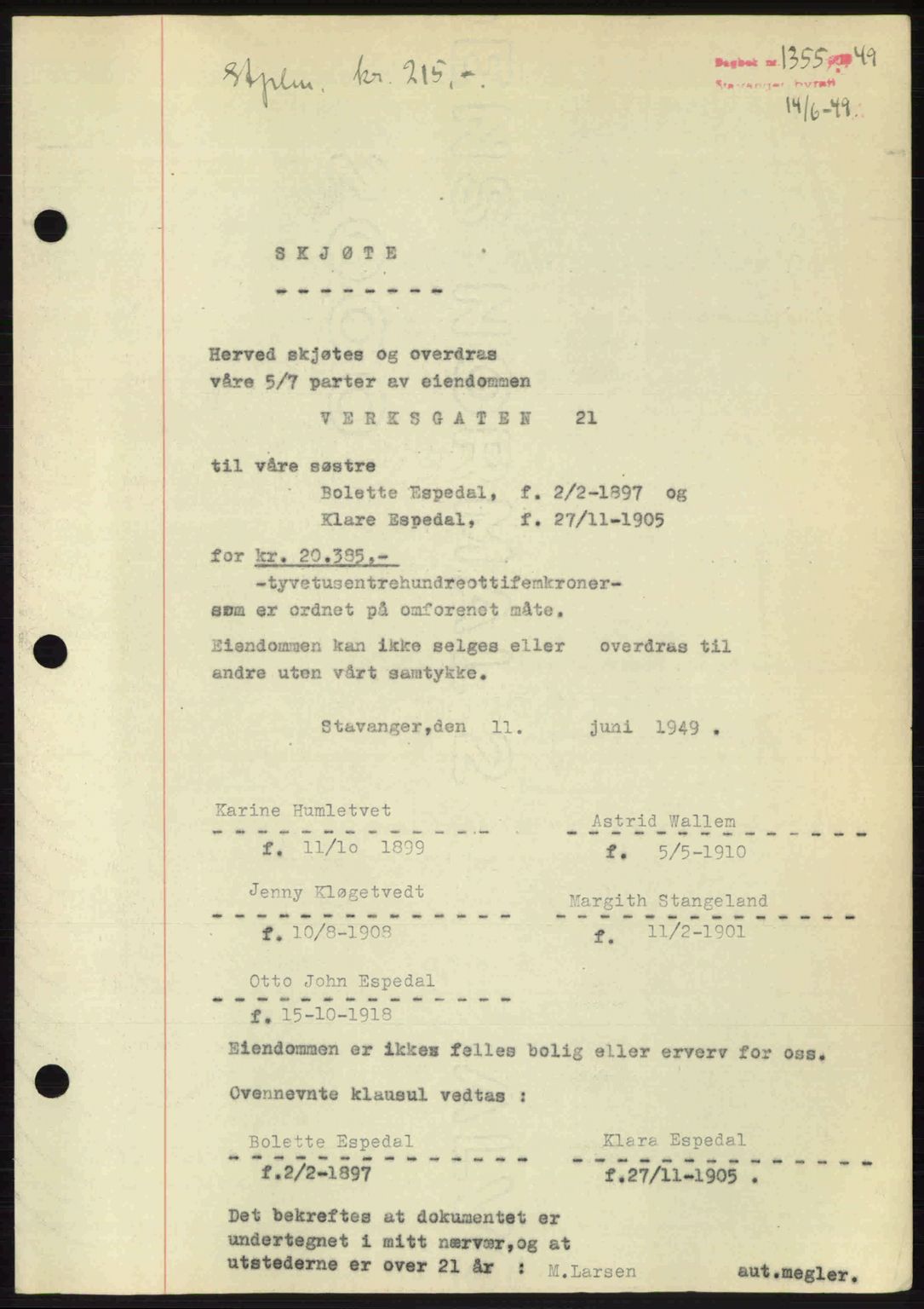 Stavanger byrett, SAST/A-100455/002/G/Gb/L0023: Mortgage book no. A12, 1948-1949, Diary no: : 1355/1949