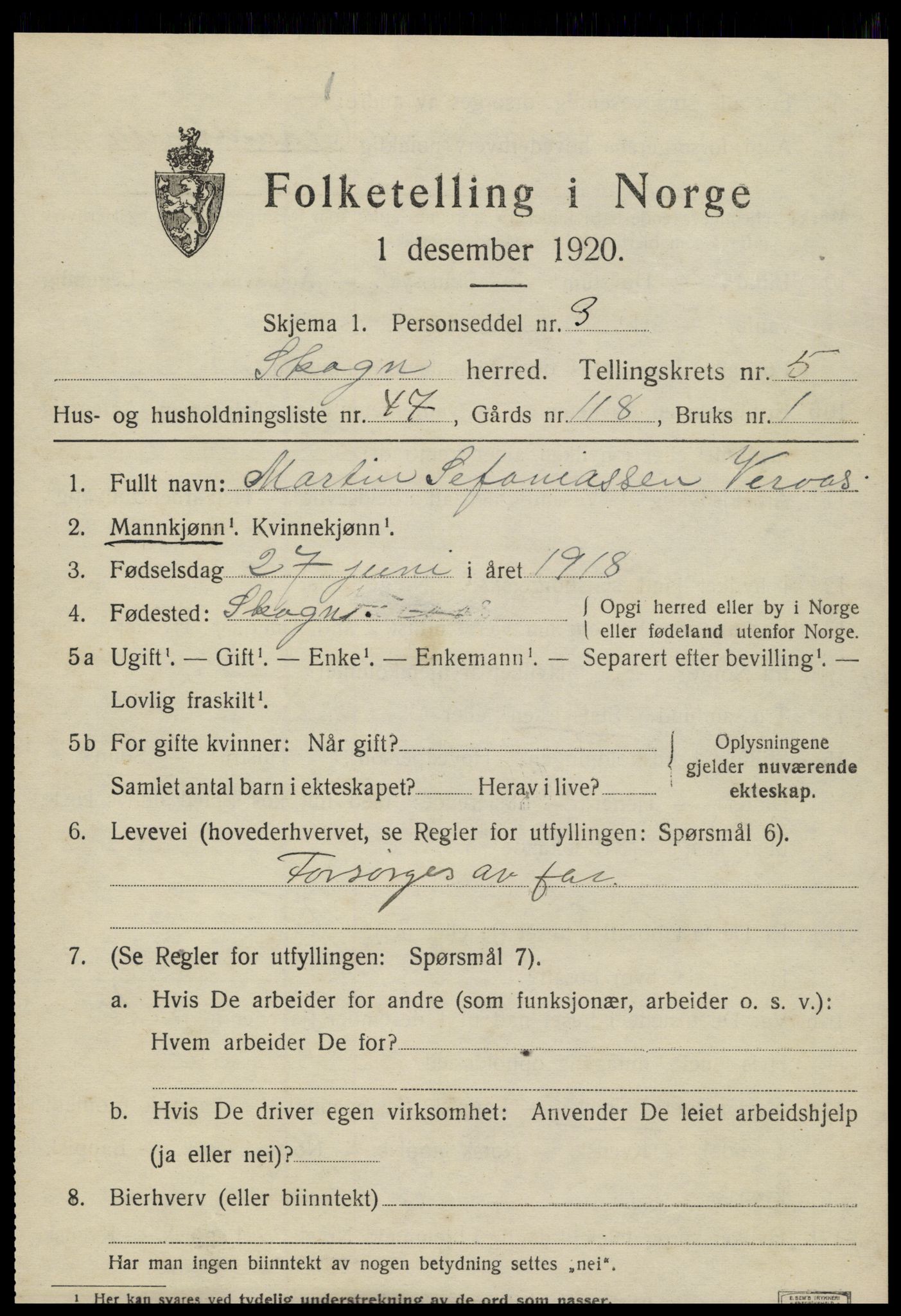 SAT, 1920 census for Skogn, 1920, p. 6985