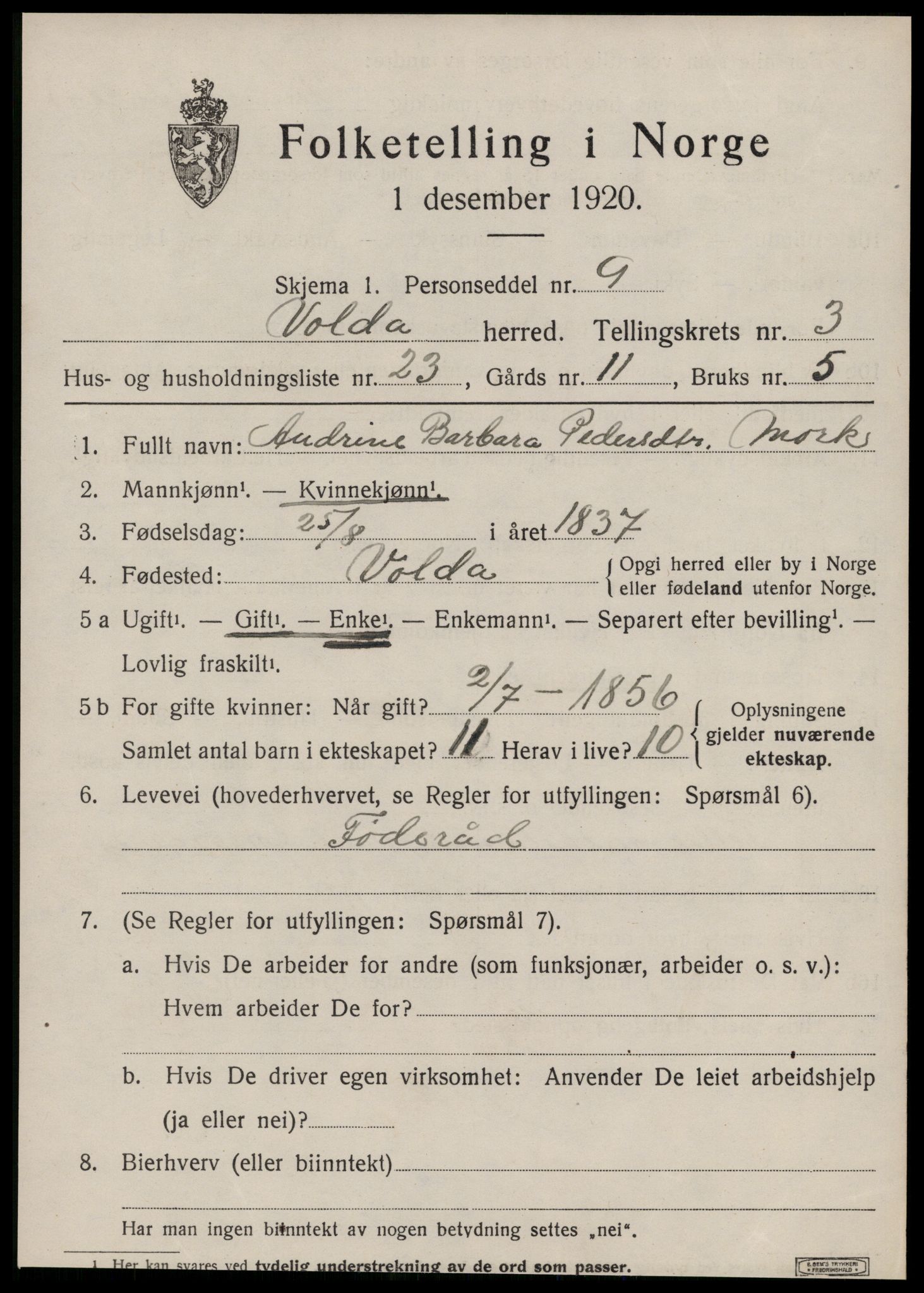 SAT, 1920 census for Volda, 1920, p. 2636