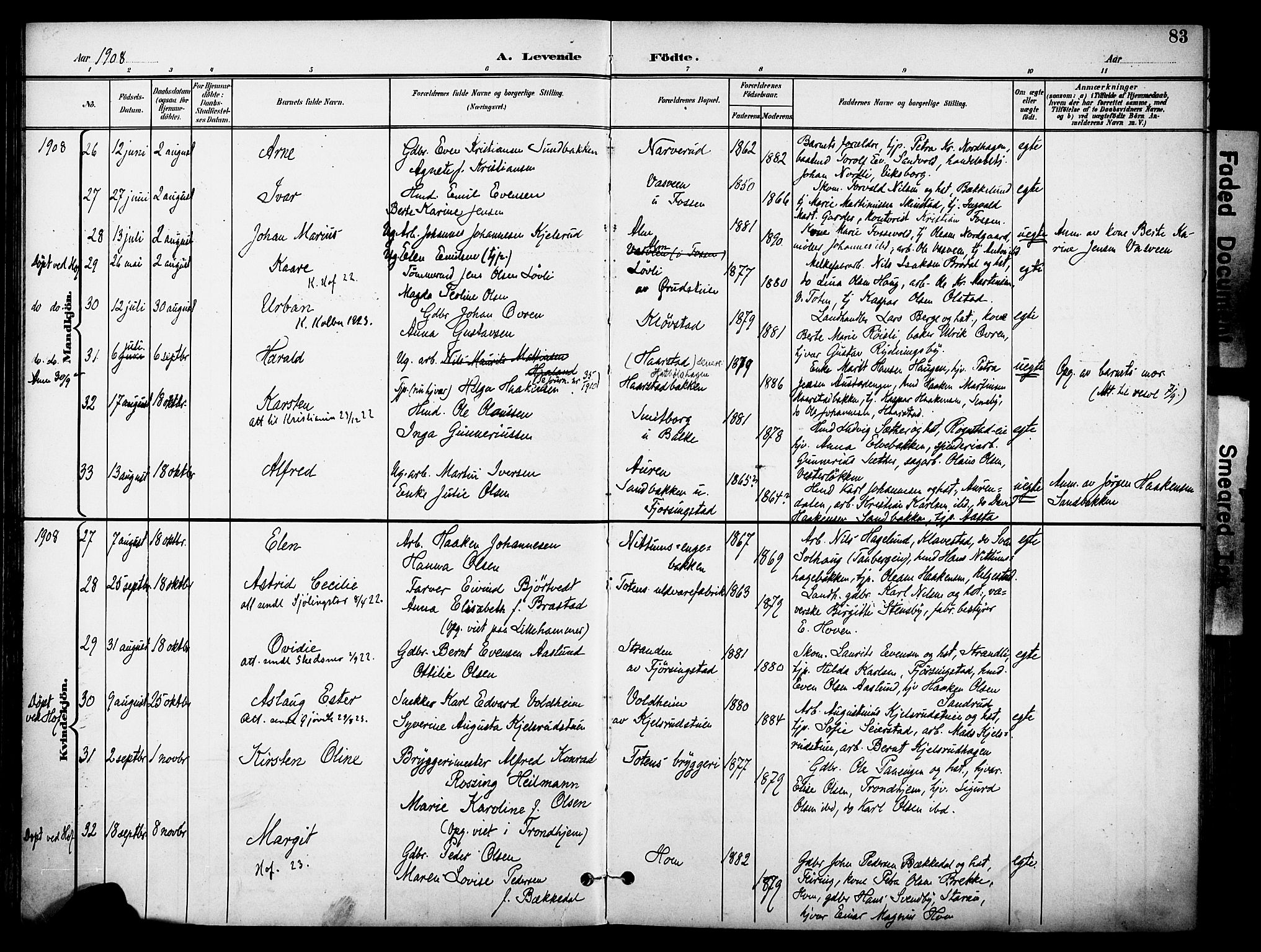 Østre Toten prestekontor, AV/SAH-PREST-104/H/Ha/Haa/L0009: Parish register (official) no. 9, 1897-1913, p. 83