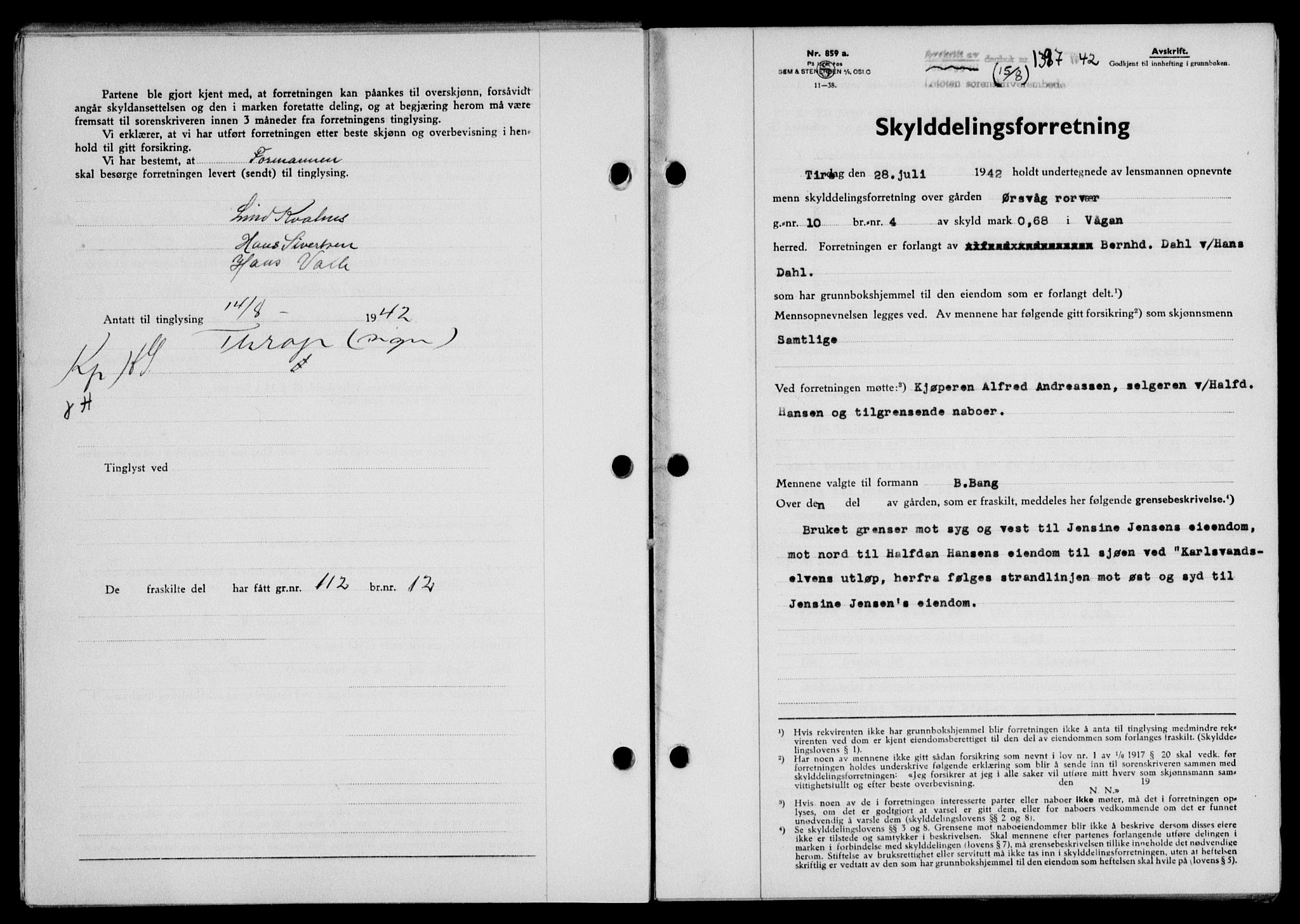 Lofoten sorenskriveri, SAT/A-0017/1/2/2C/L0010a: Mortgage book no. 10a, 1942-1943, Diary no: : 1397/1942
