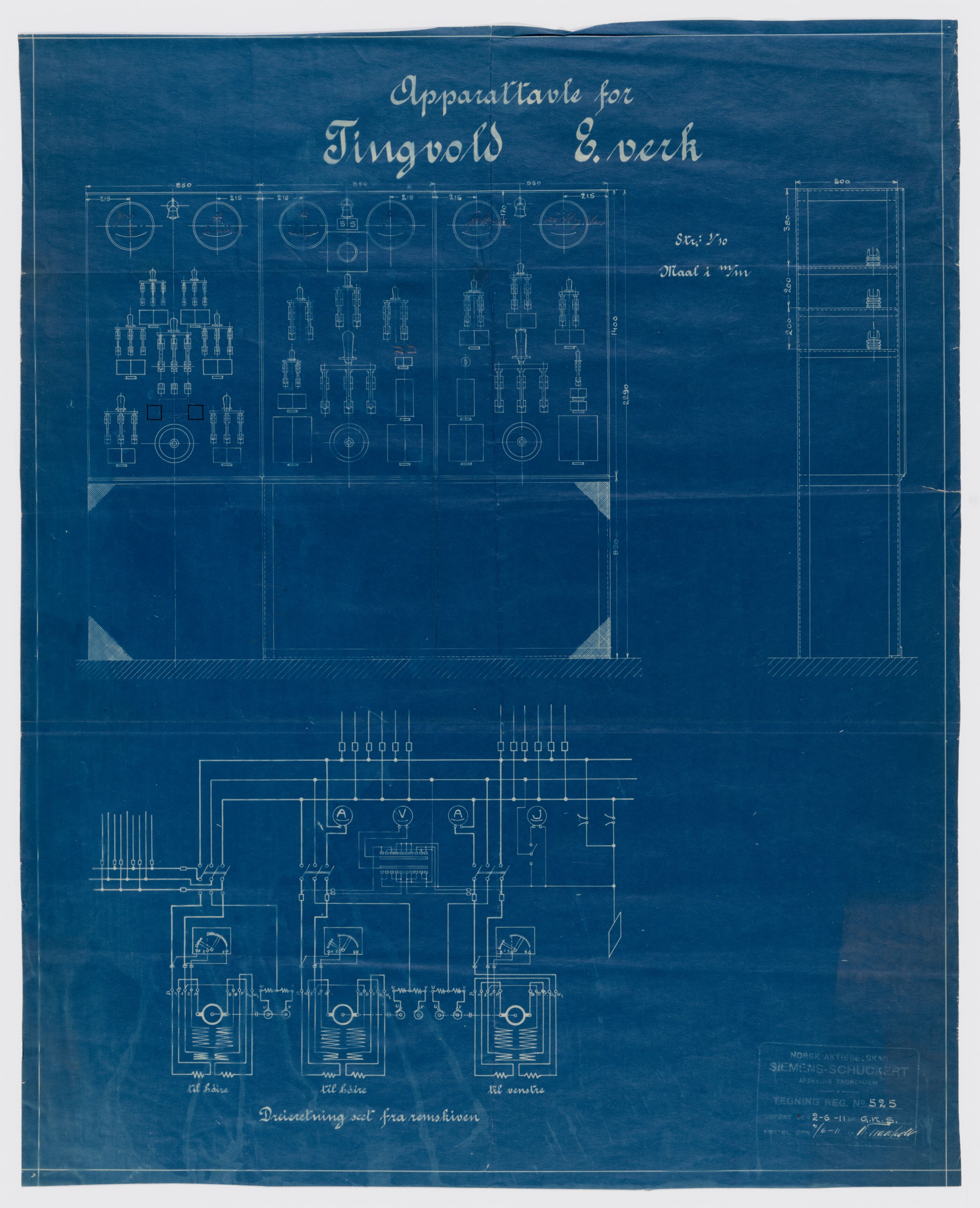 Tingvoll Ullvarefabrikk, IKAM/P-00482/T/Ta/L0005: Tegning av oppstartstavle for Tingvoll Ullvarefabrikk, 1911