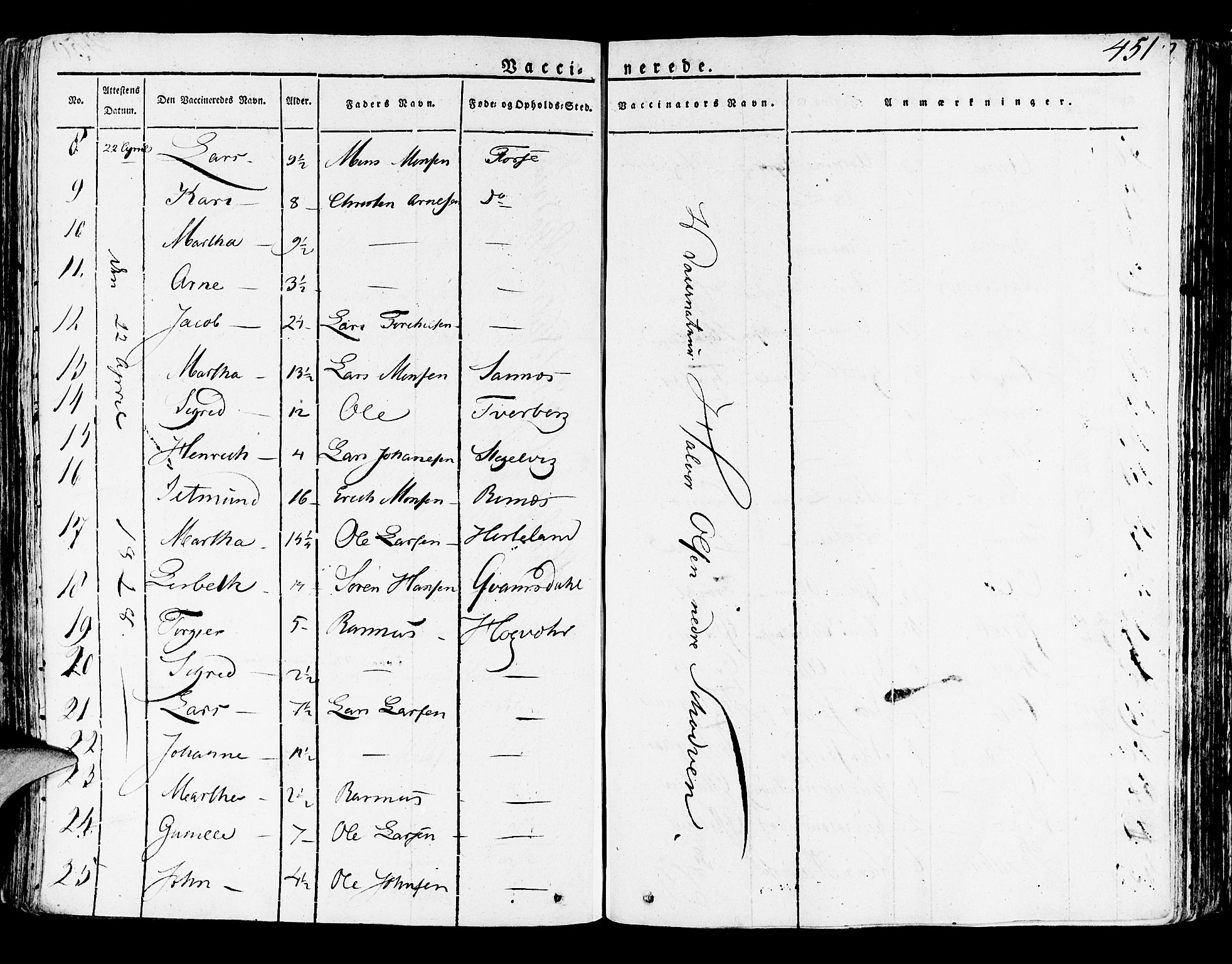 Lindås Sokneprestembete, SAB/A-76701/H/Haa: Parish register (official) no. A 8, 1823-1836, p. 451