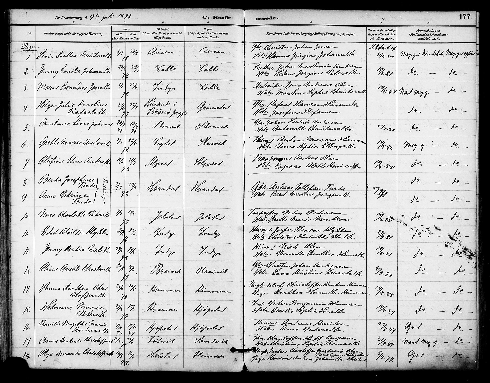 Ministerialprotokoller, klokkerbøker og fødselsregistre - Nordland, AV/SAT-A-1459/805/L0101: Parish register (official) no. 805A07, 1892-1899, p. 177