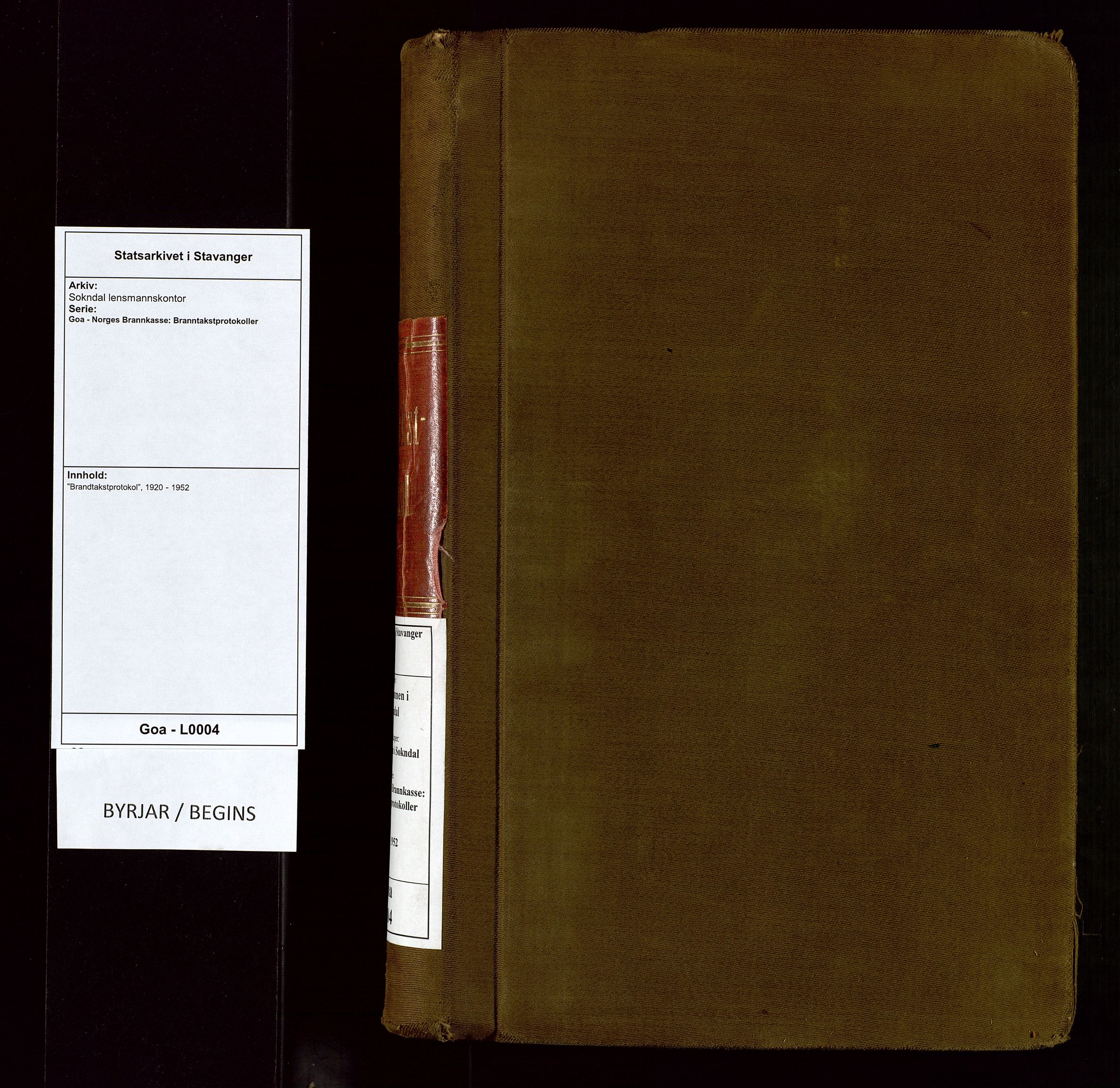 Sokndal lensmannskontor, SAST/A-100417/Goa/L0004: "Brandtakstprotokol", 1920-1952