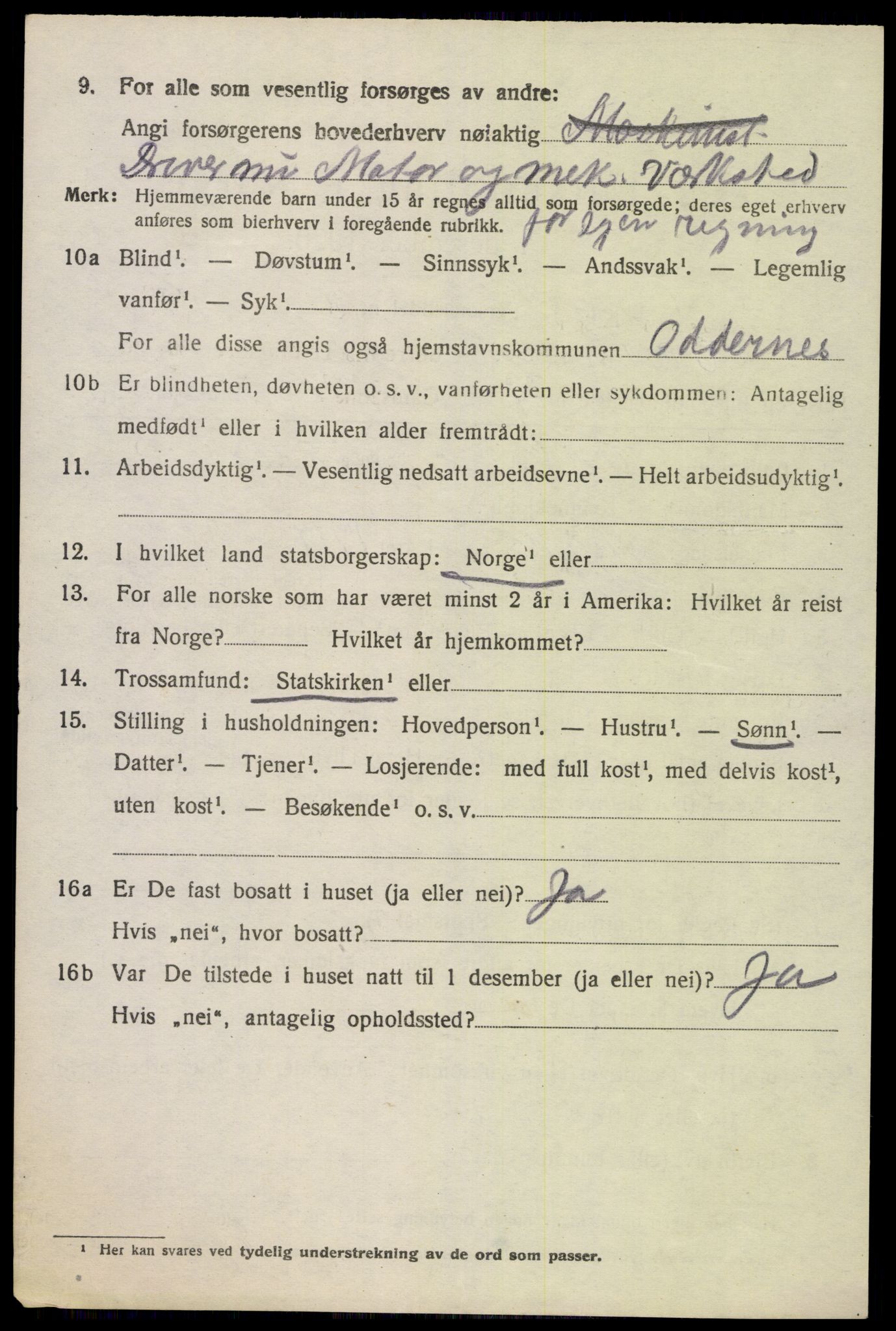 SAK, 1920 census for Oddernes, 1920, p. 11138