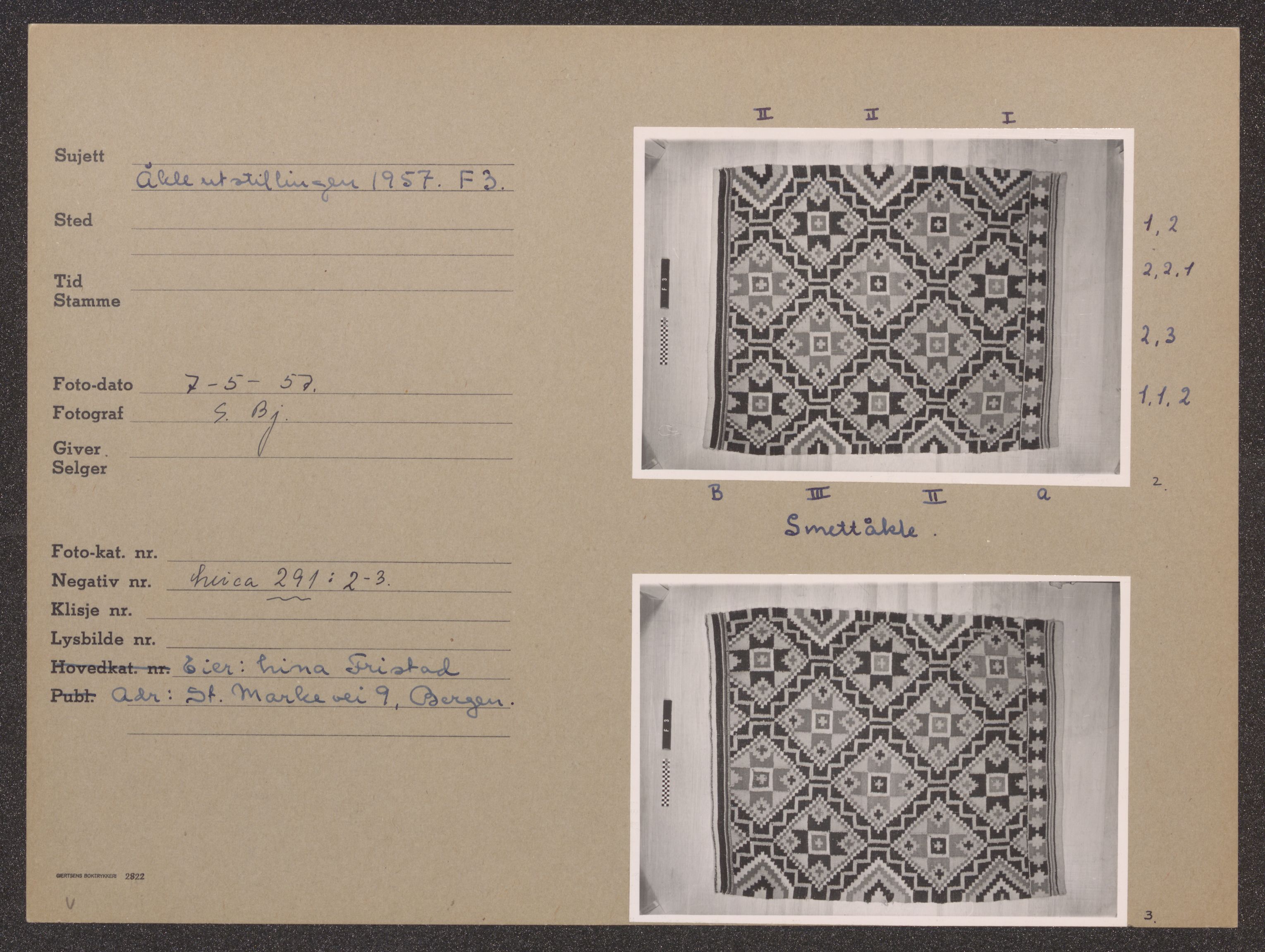 Åkleprosjektet 1957, UMB/A008/F/Fa/L0001/0002: Registreringskort Smettåkle A-H / Smettåkler F-G, 1957