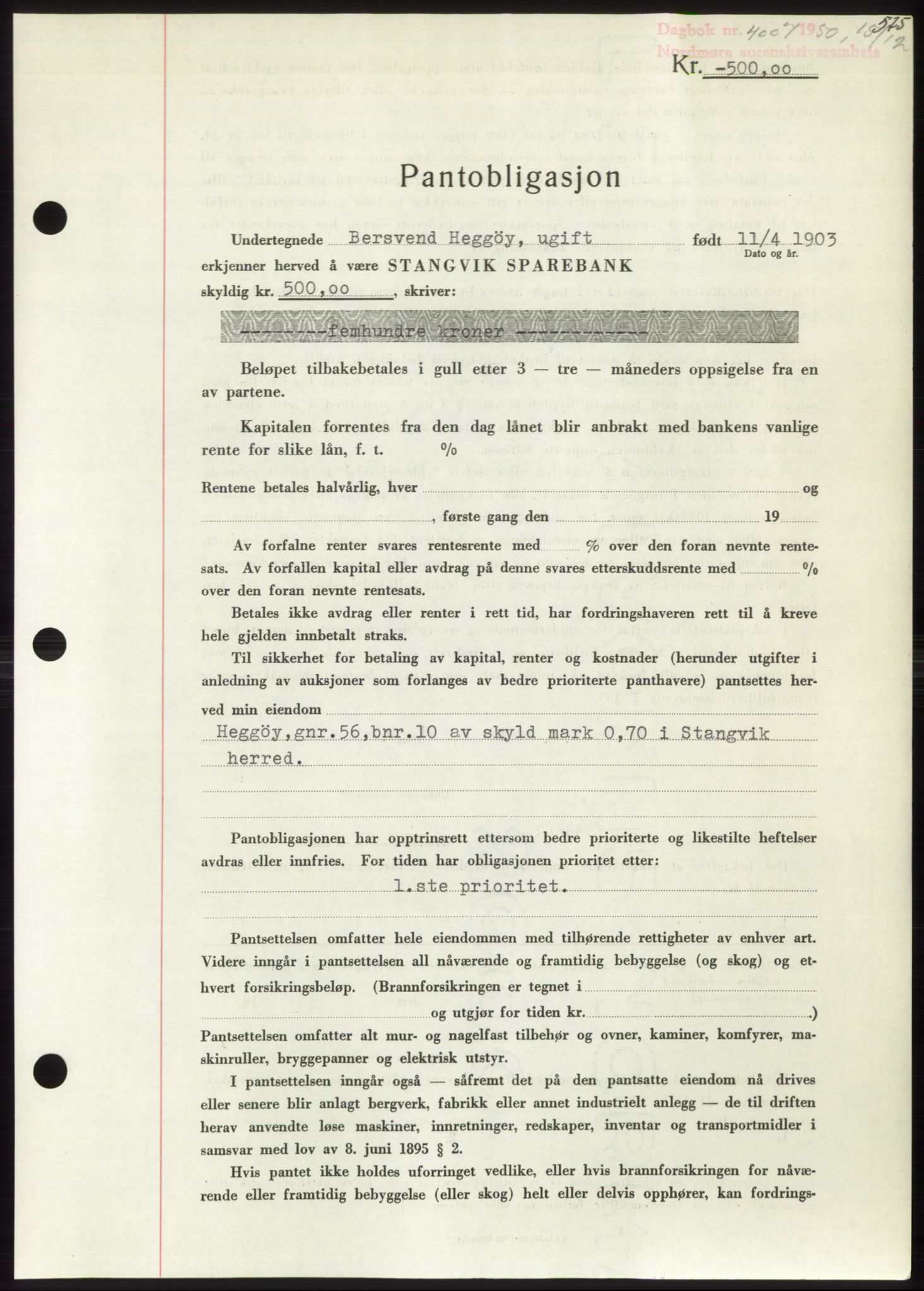 Nordmøre sorenskriveri, AV/SAT-A-4132/1/2/2Ca: Mortgage book no. B106, 1950-1950, Diary no: : 4007/1950